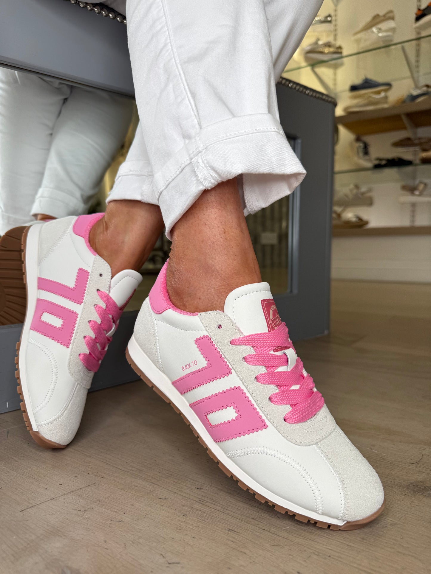 Back 70 -White Leather Trainer With Soft Stone Suede & Candy Pink Trim