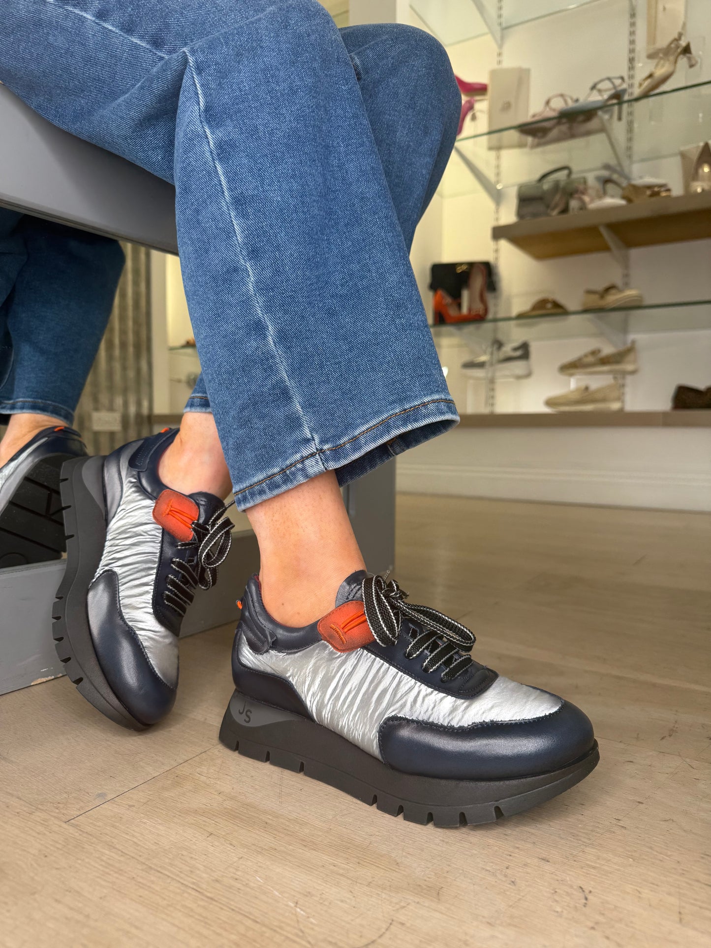 Jose Saenz - Dark Navy Leather Trainer With Metallic Silver Cushioned Fabric & Orange Trim