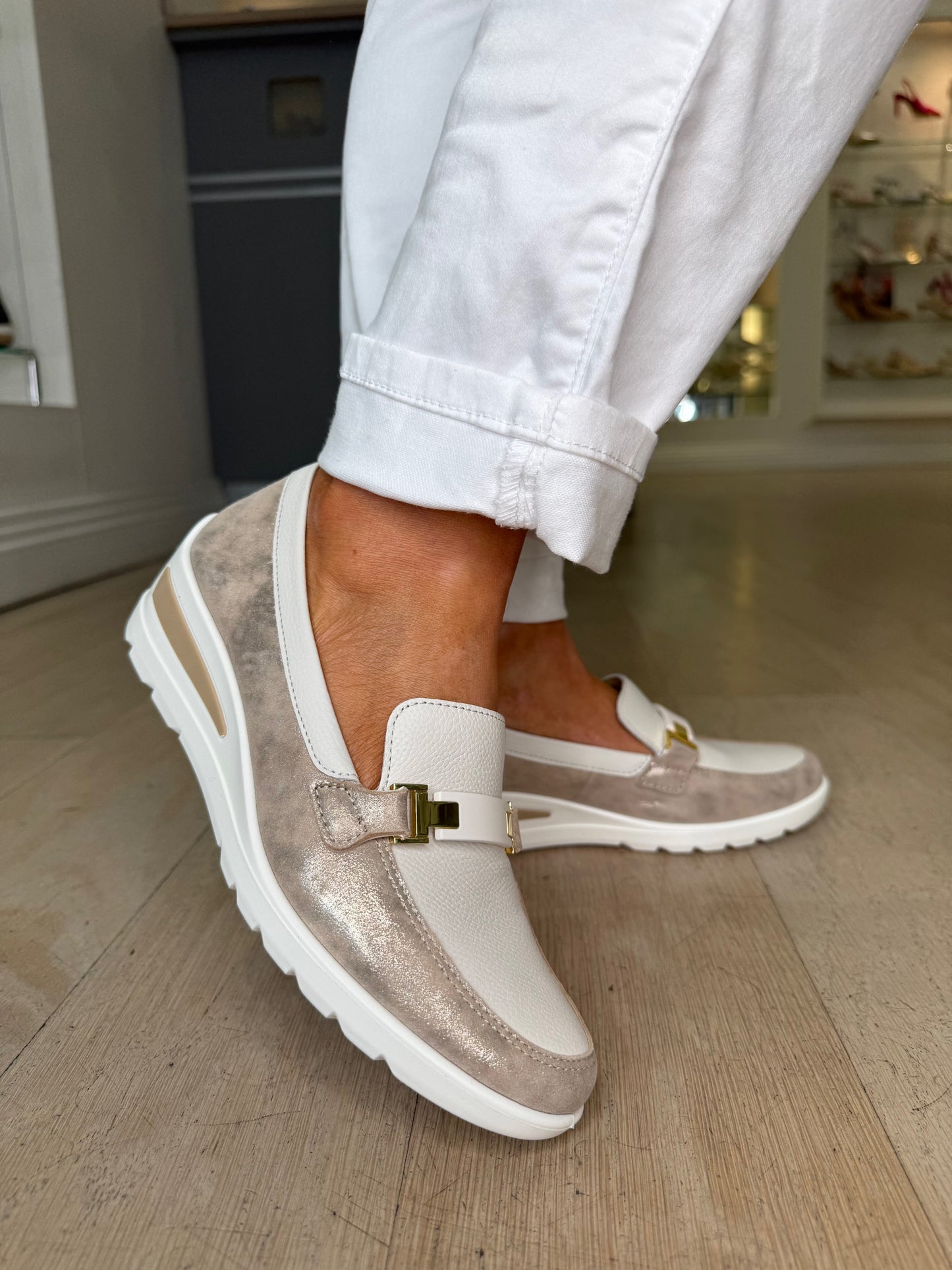 Ara - Cream Slip On Wedge Shoe With Gold Shimmer Trim