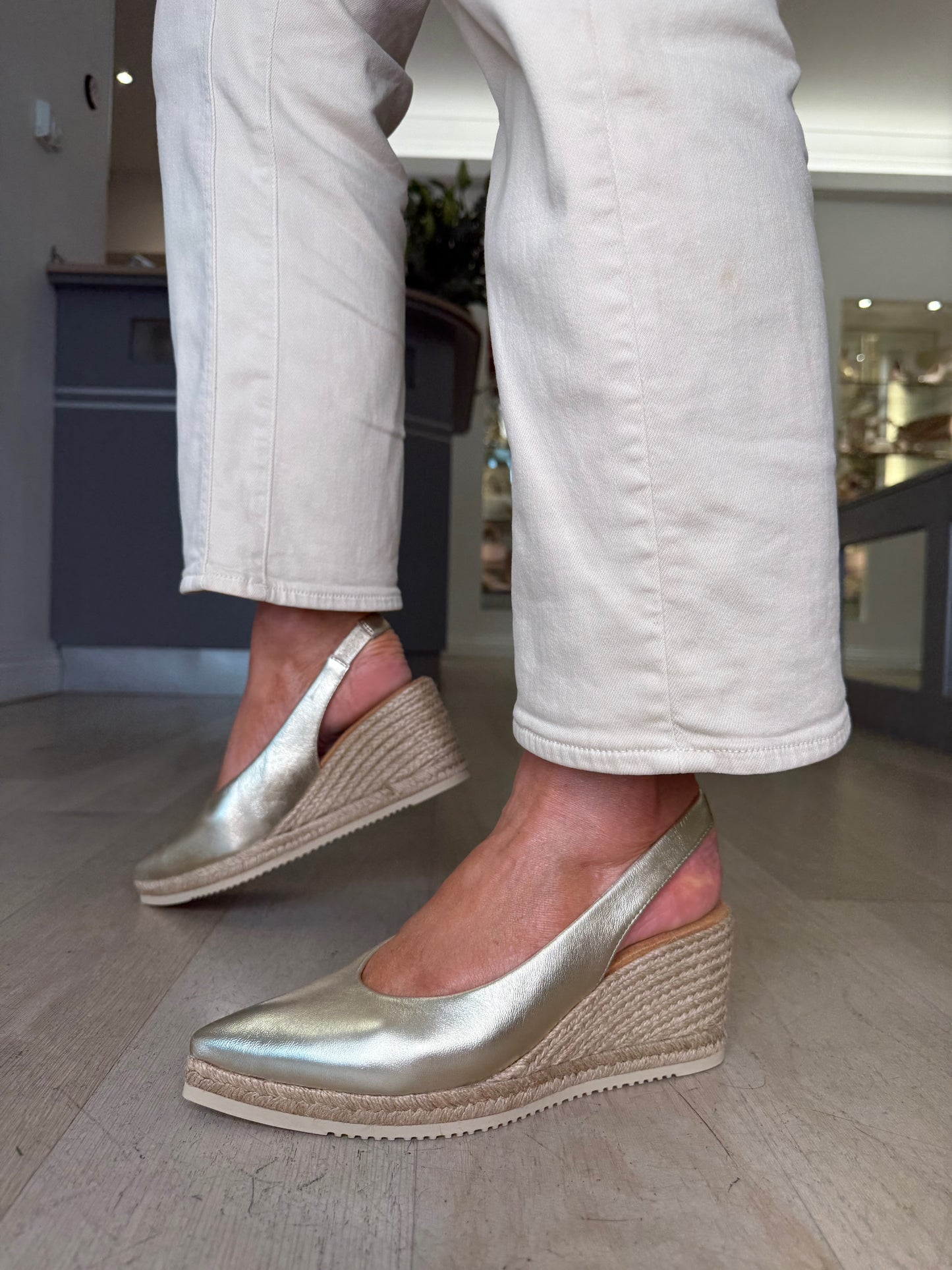 Unisa- Soft Gold Leather Pointy Toe Sling Back Espadrille Wedge
