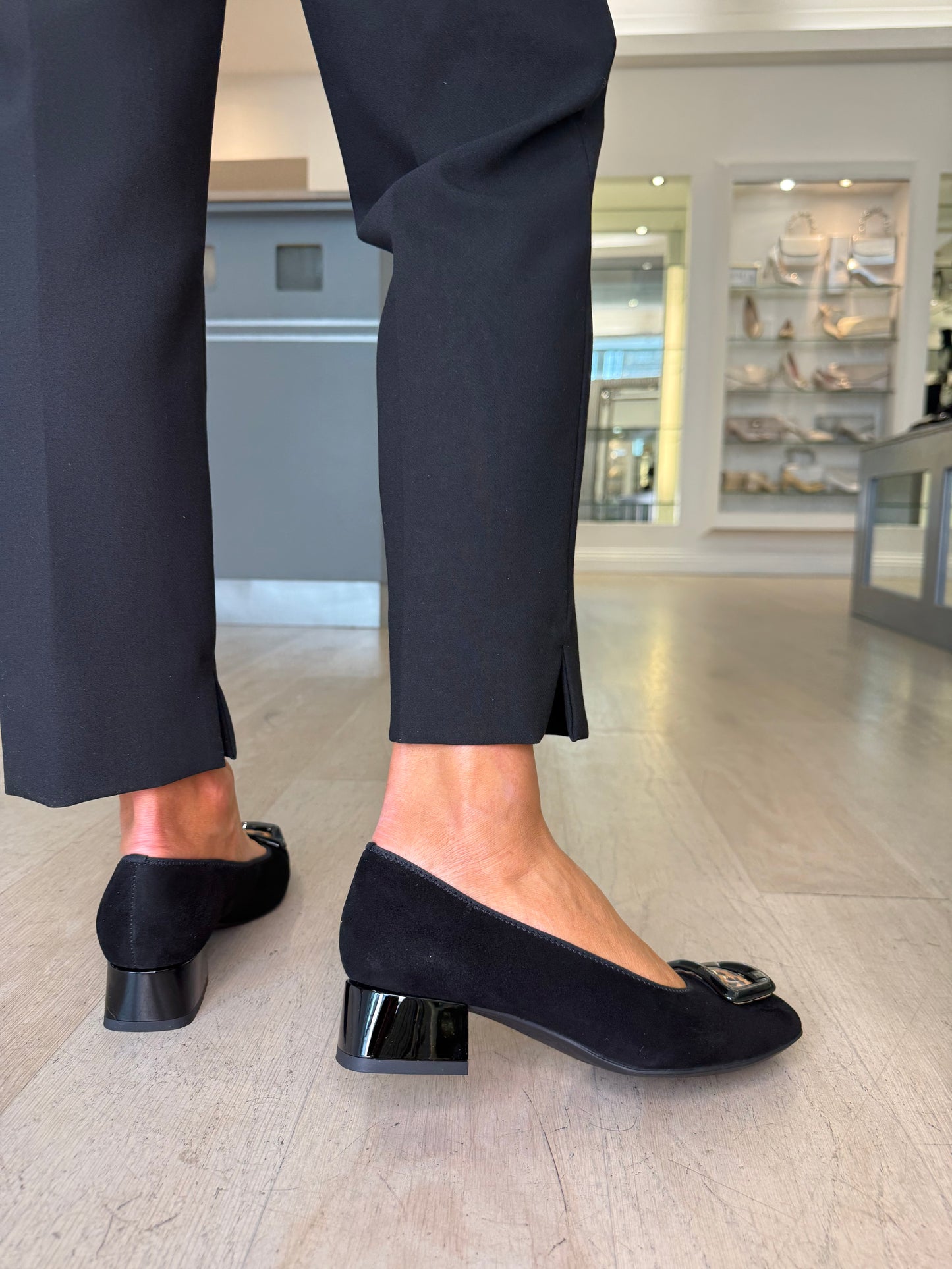Ara - Black Suede Pomp Style Shoe With Leopard Print Trim