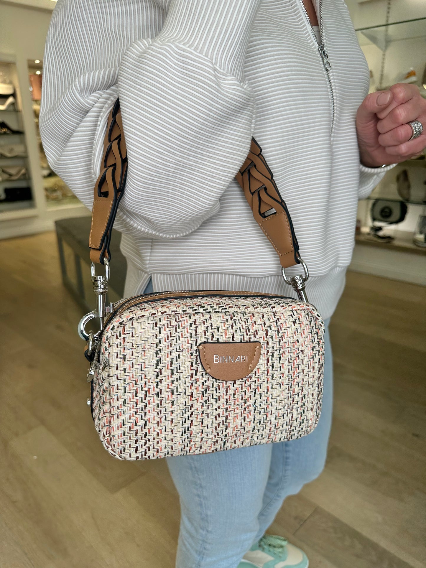 Binanri - Cream Multi Weave Bag With Tan Short & Crossover Strap