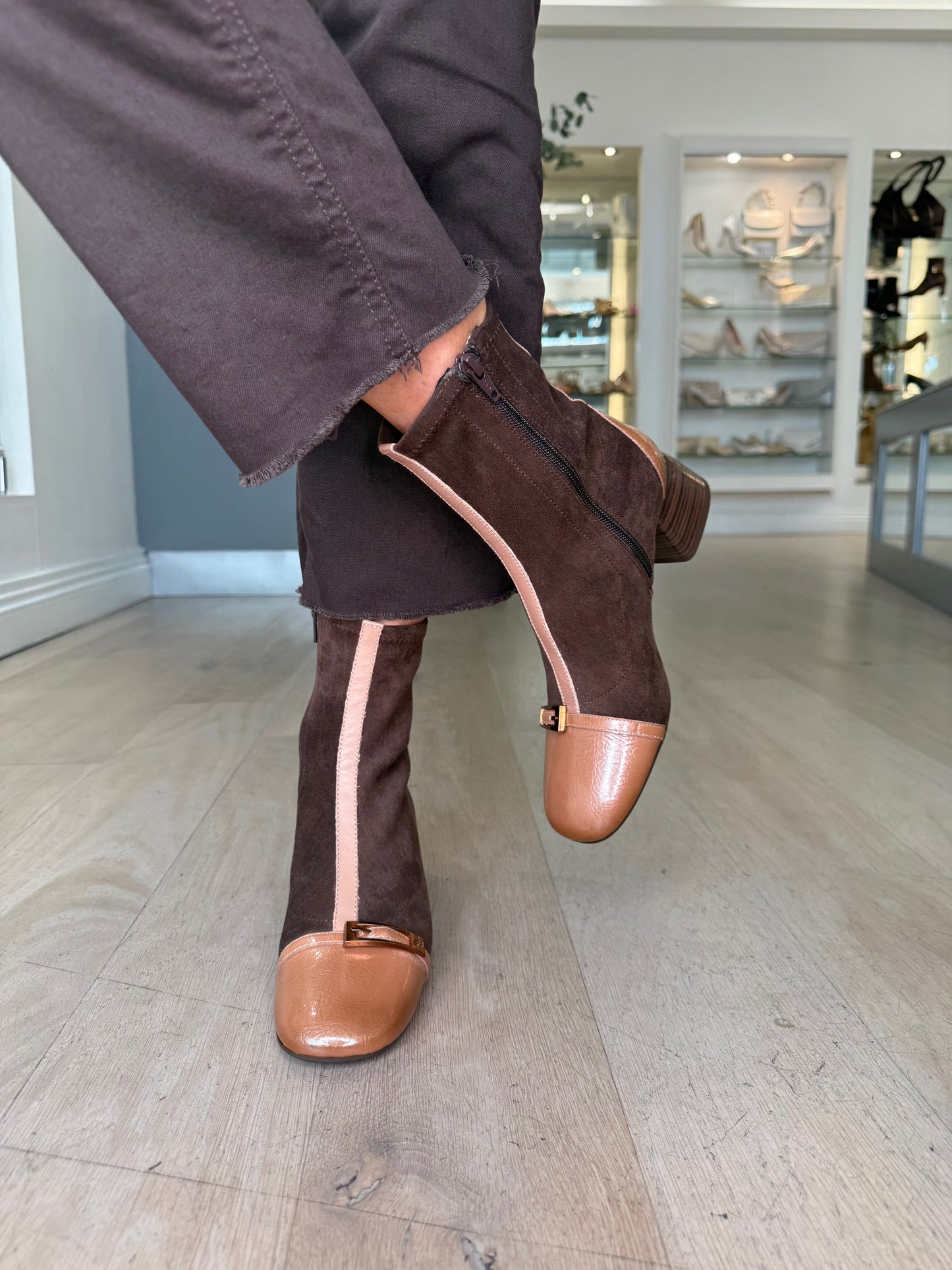 Hispanitas - Rich Brown Suede Boot With Almond Patent Leather Trim