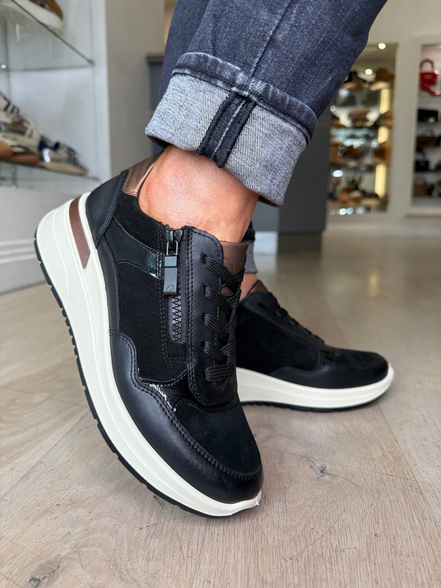 Ara - Black Suede / Leather Mix Lace Up Trainer With Side Zip