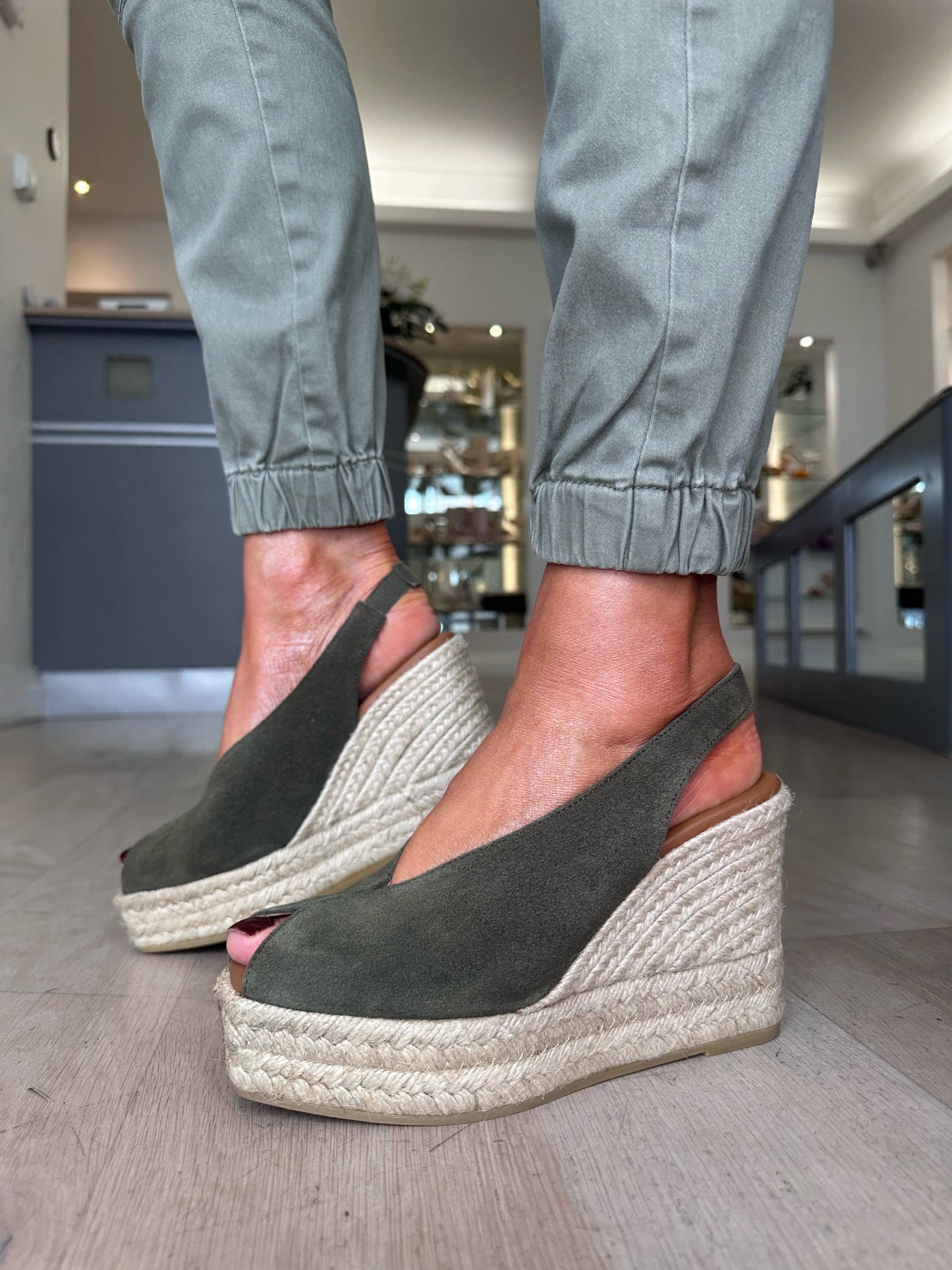 Viguera - Military Green Suede Peep Toe Wedge