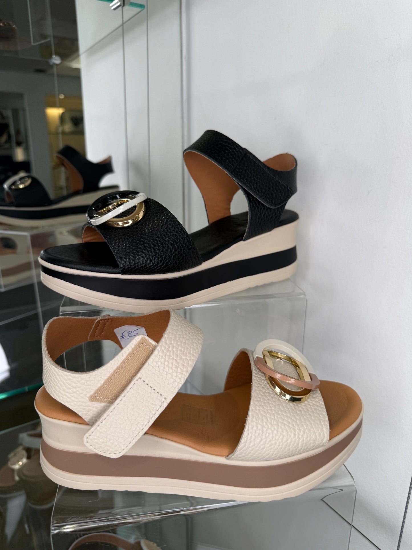 Oh My Sandals - Black & Cream Wedge Sandal With Velcro Strap
