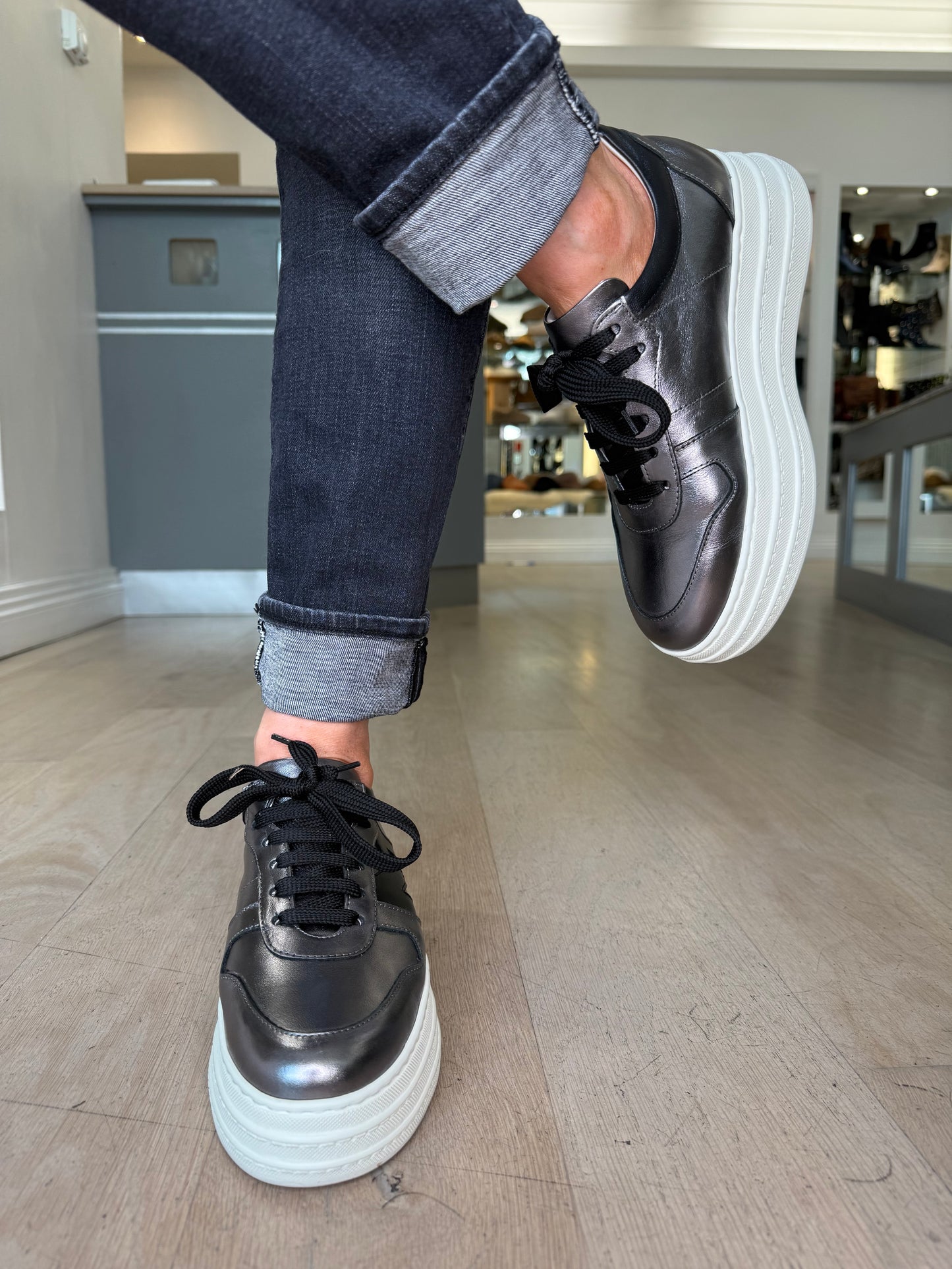 Marco Moreo -Metallic Pewter Flatform Trainer With Black Trim