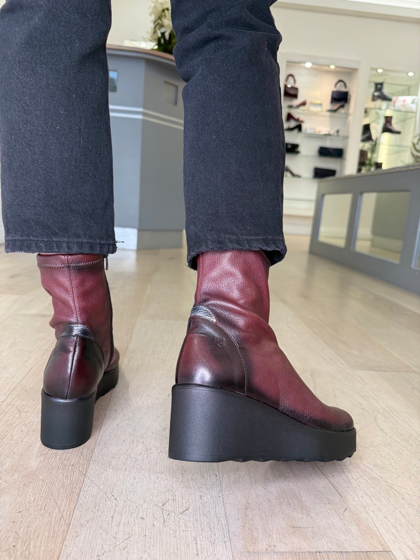 Jose Saenz - Rich Wine Stretch Leather Wedge Boot With Pewter Trim