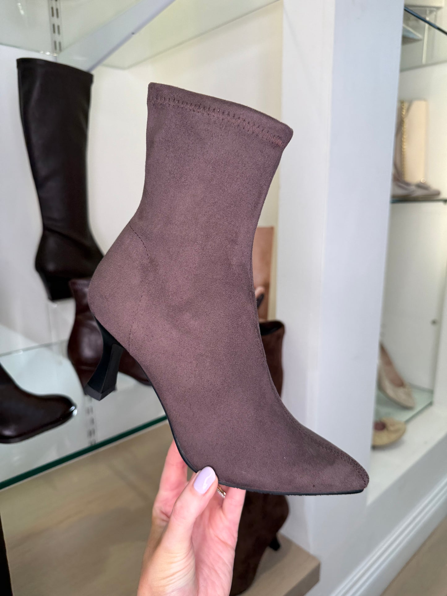 Miss Elastic - Soft Mocha Suede Short Sock Boot