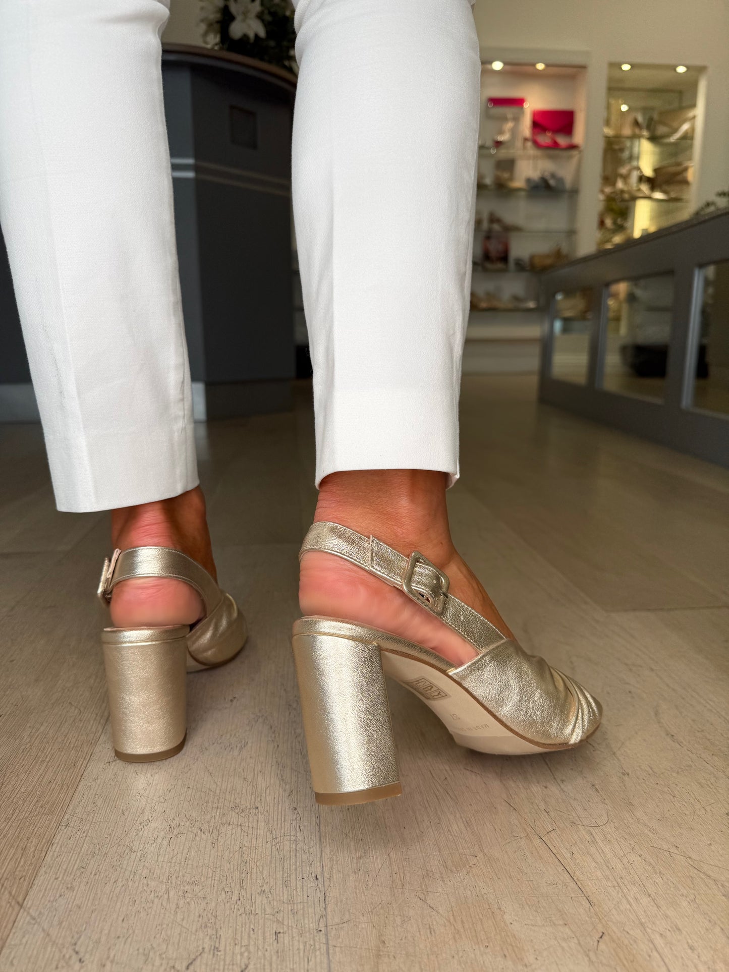 Marian -Soft Metallic Gold Leather Ruched Sling Back Block Heel Sandal