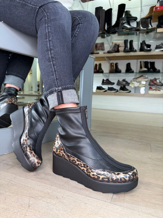 Jose Saenz -Black Leopard Print Mix Wedge Boot