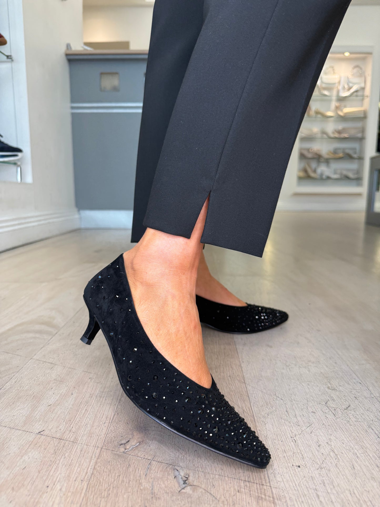 Pedro Anton - Black Suede Pointy Toe Kitten Heel Shoe With Stone Trim