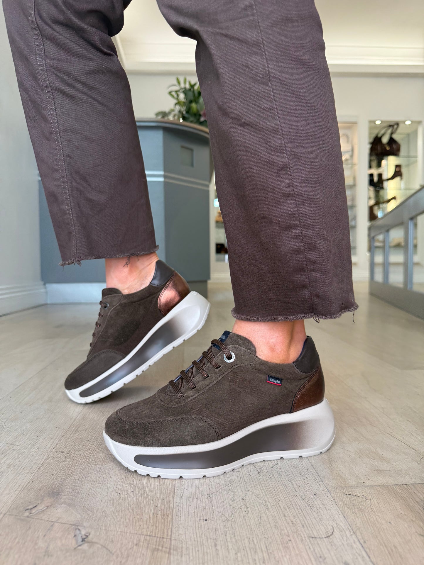 Callaghan - Chocolate Brown Suede Lace Up Chunky Sole Trainer With Bronze Trim