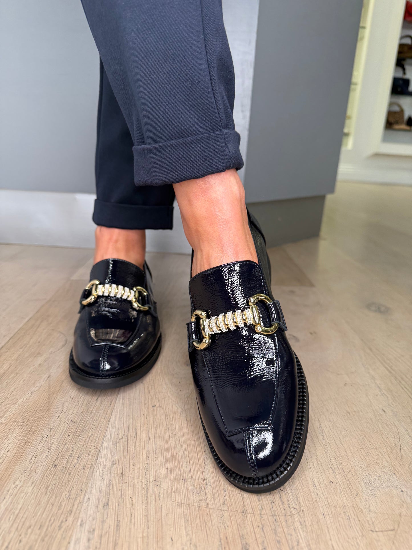 Marco Moreo - Dark Navy Flexy Patent Loafer With Gold Chain Trim
