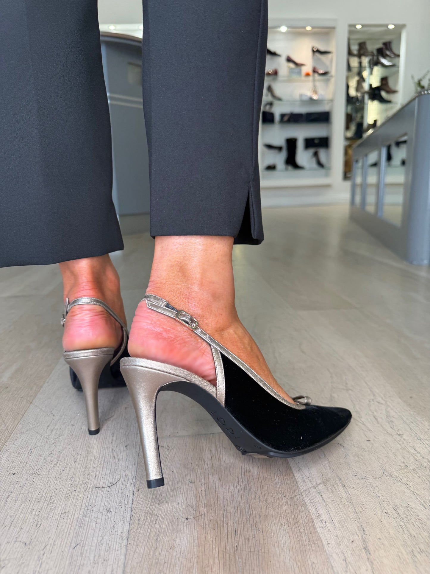 Lodi - Black Velvet Point Toe Slingback Shoe With Bronze Trim