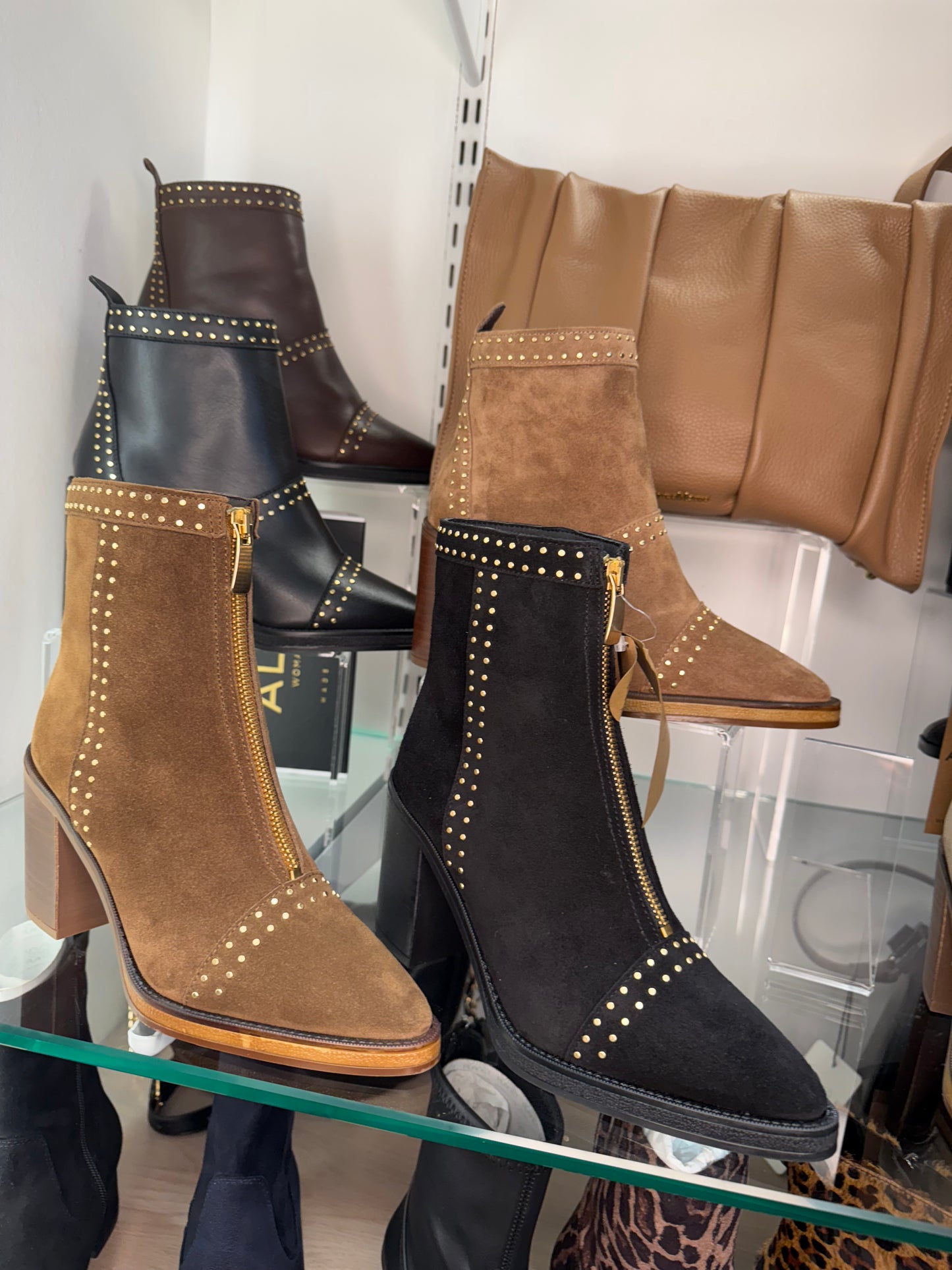 Alpe - Black Suede Zip Up Pointy Toe Boot With Block Heel & Gold Stud Trim