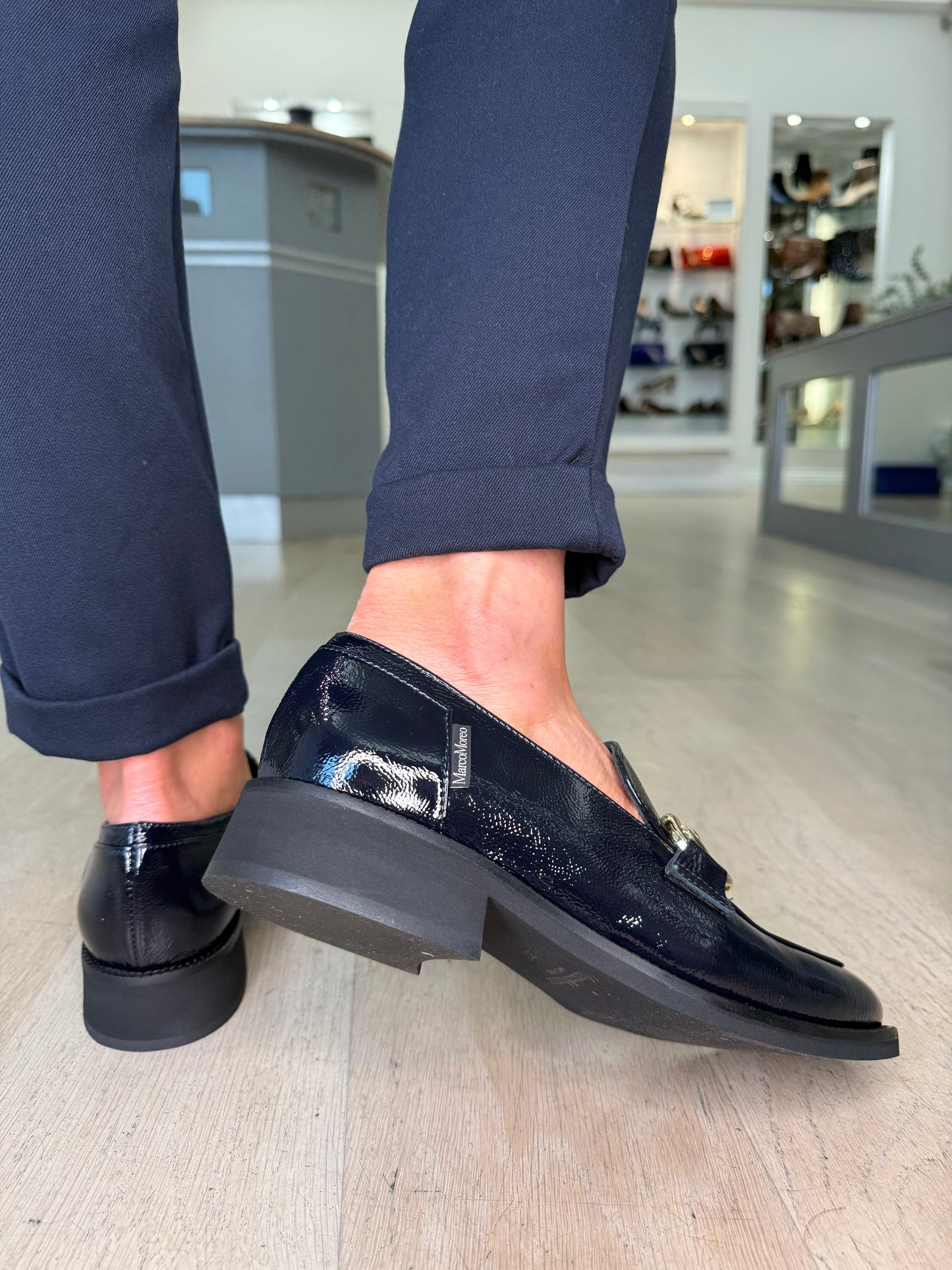 Marco Moreo - Dark Navy Flexy Patent Loafer With Gold Chain Trim