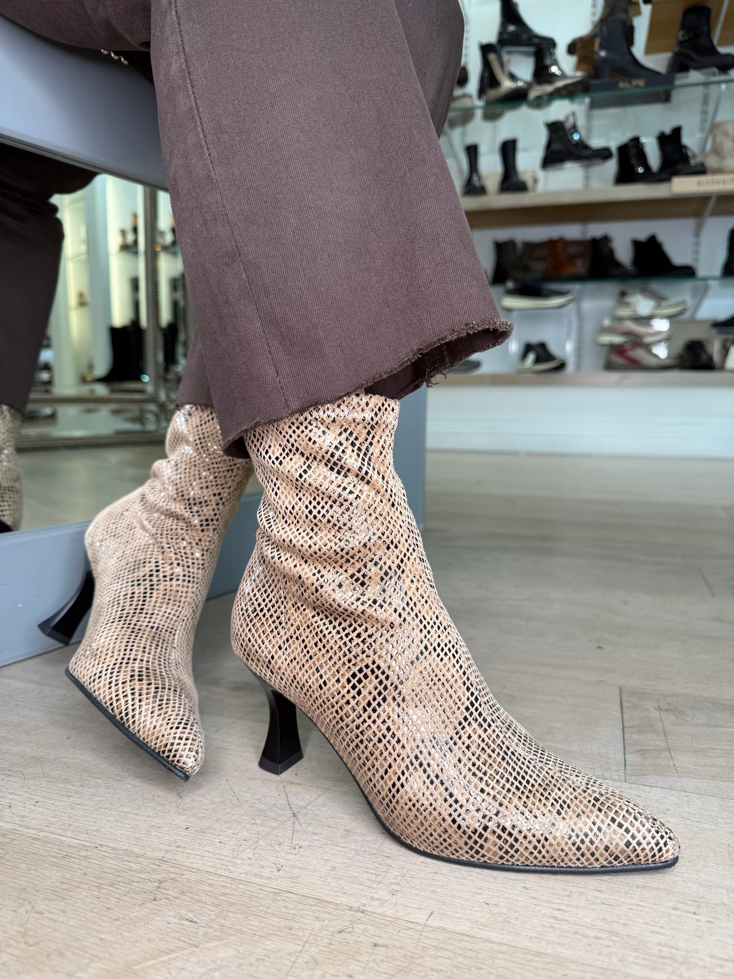 Miss Elastic - Brown Snake Print Short Sock Boot