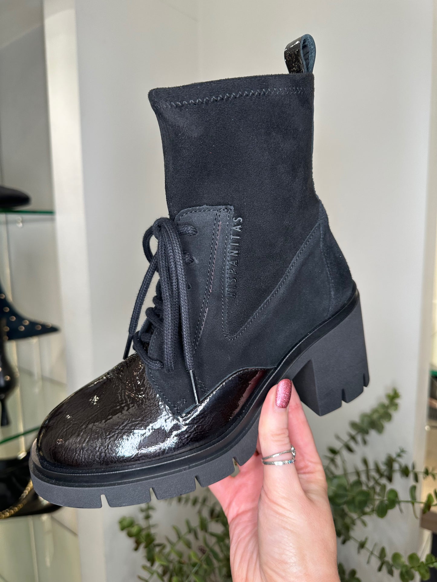 Hispanitas - Black Leather/ Suede Mix Boot With Lace Detail and Chunky Sole