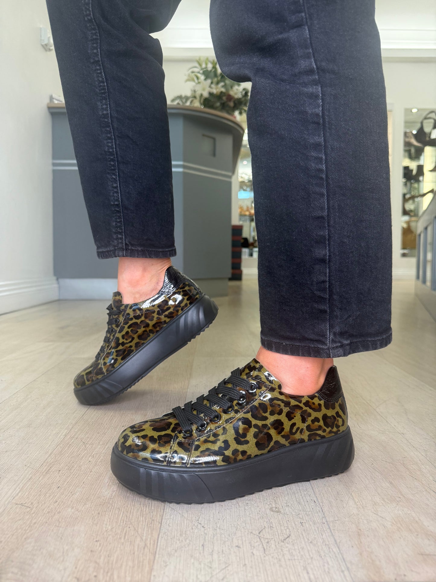 Ara - Monaco Green & Black Leopard Print Flatform Trainer