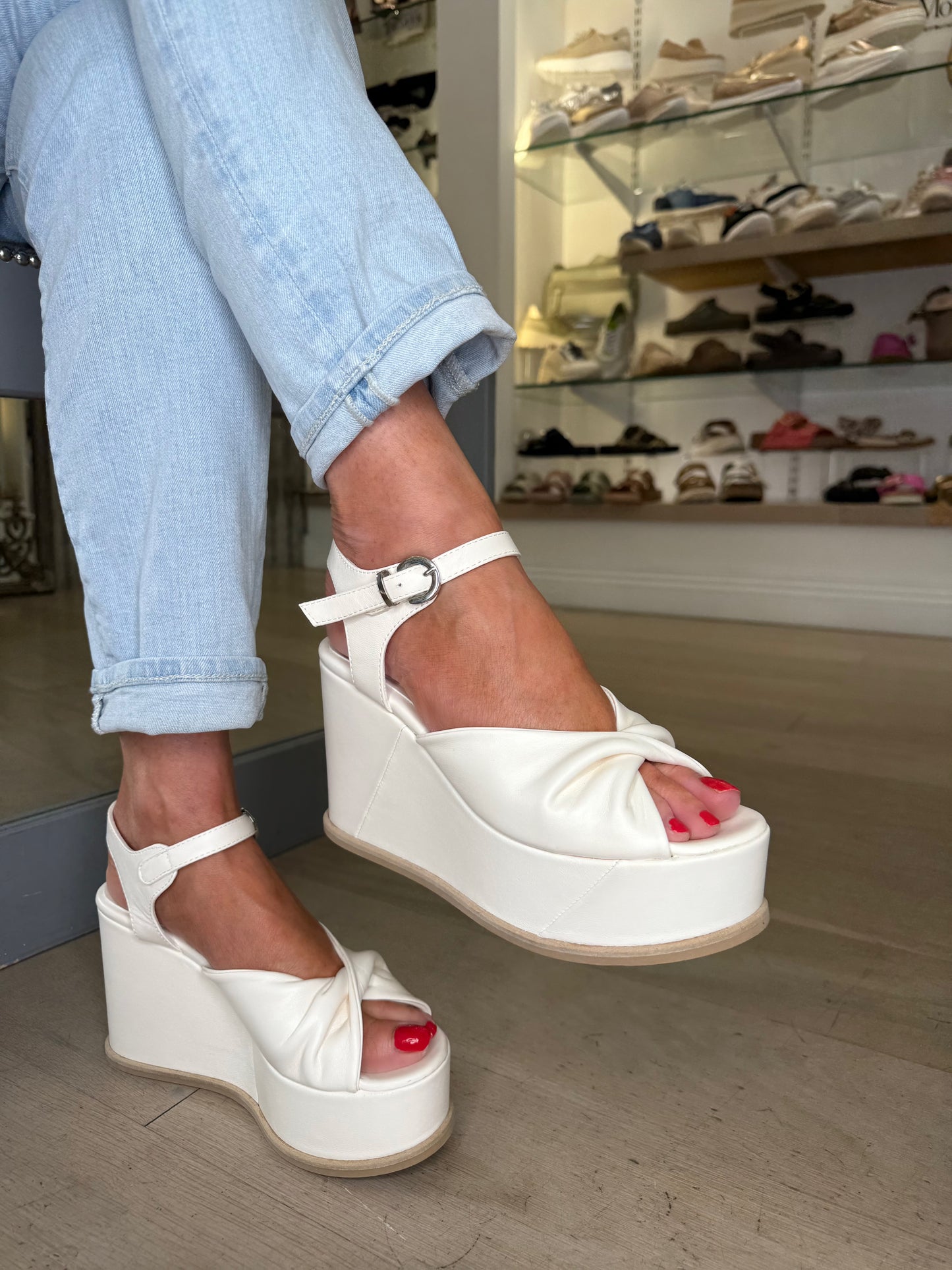 Marco Moreo -Luna Milk Latte Criss Cross High Wedge Sandal