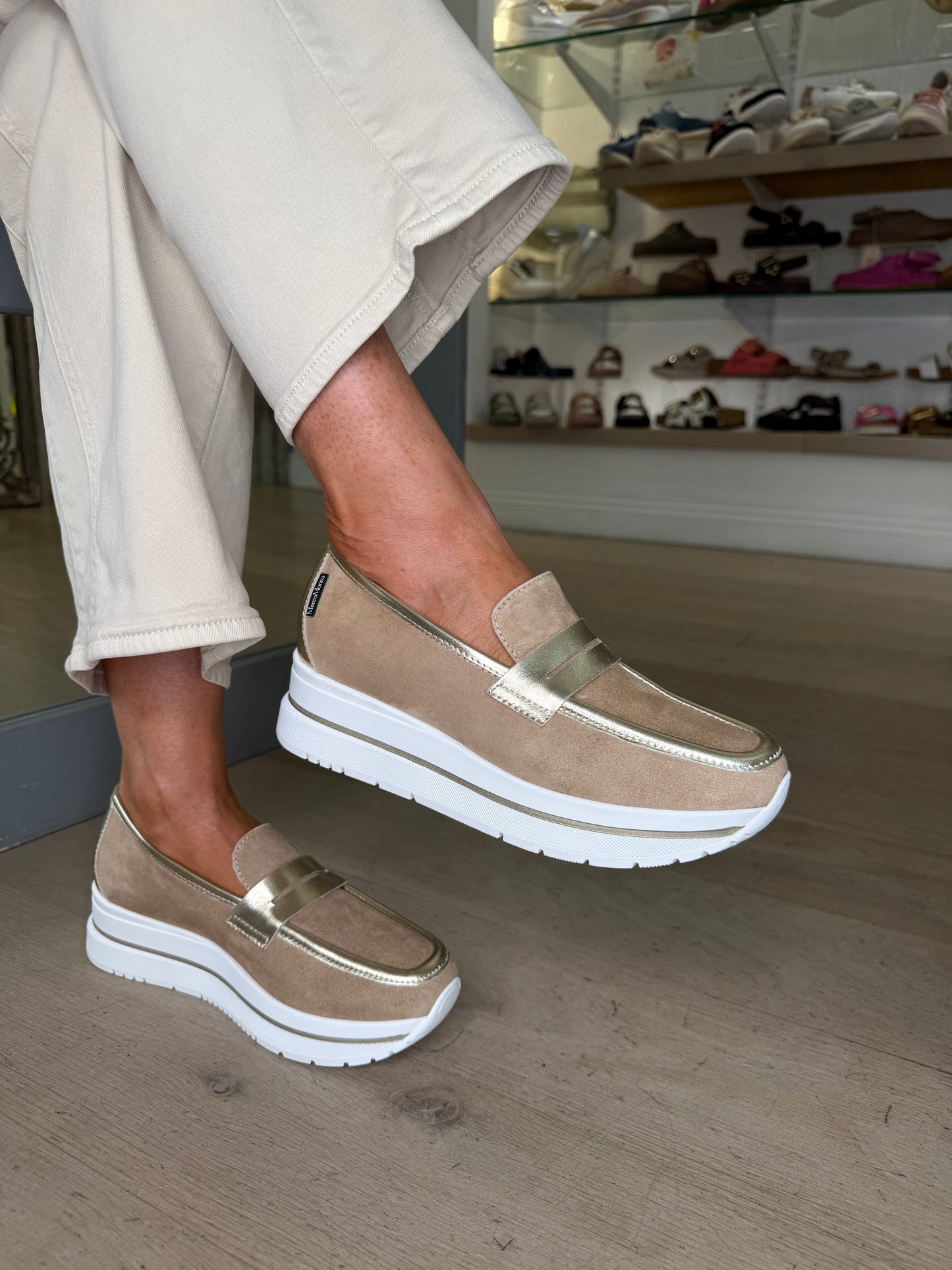 Marco Moreo - Arianna Camel Suede With Soft Gold Trim Slip On Wedge Shoe