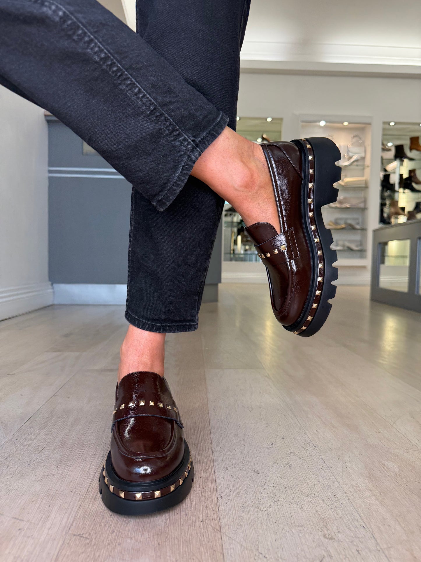 Lodi - Rich Brown Nappa Leather Chunky Sole Loafer With Gold Stud Trim Detail