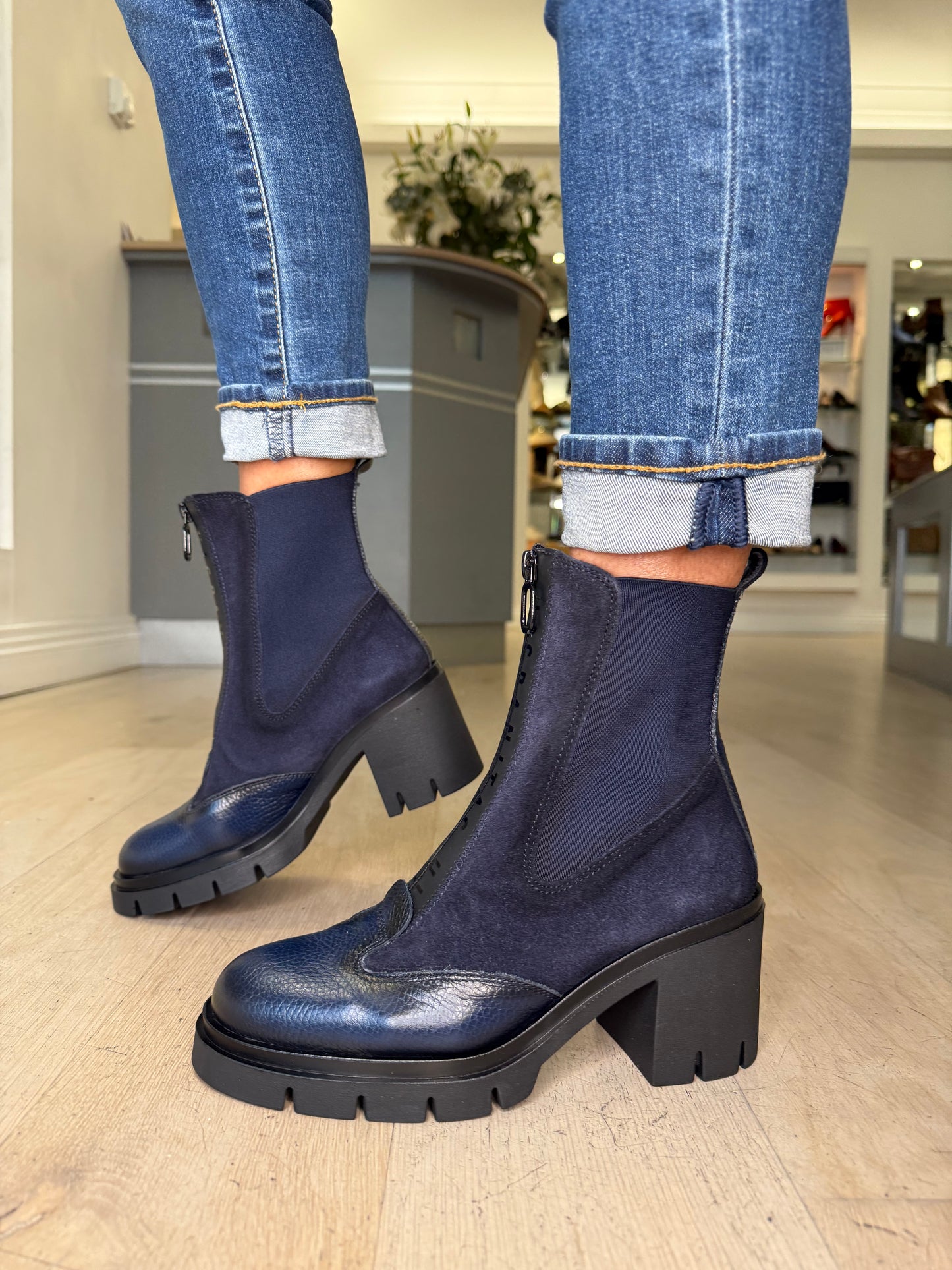 Hispanitas - Navy Suede & Leather Block Heel Boot With Platform Sole
