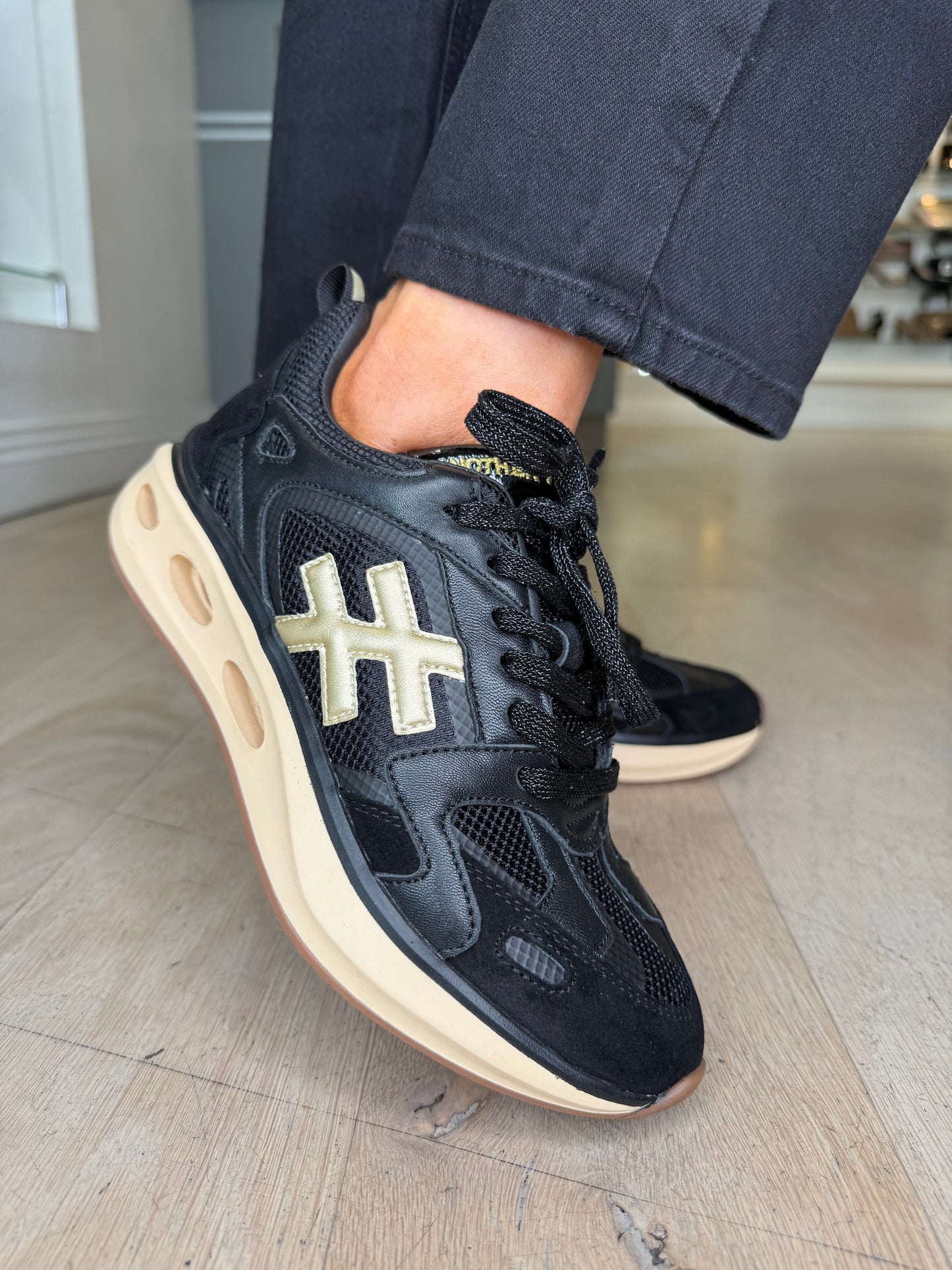 Another Trend - Black & Gold Mix Sporty Sole Trainer