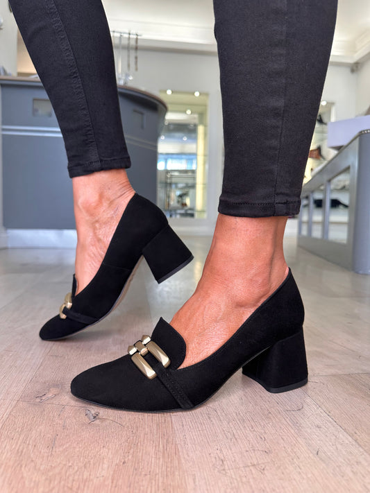 Emis - Black Suede Block Heel Shoe With A Matt Gold Trim