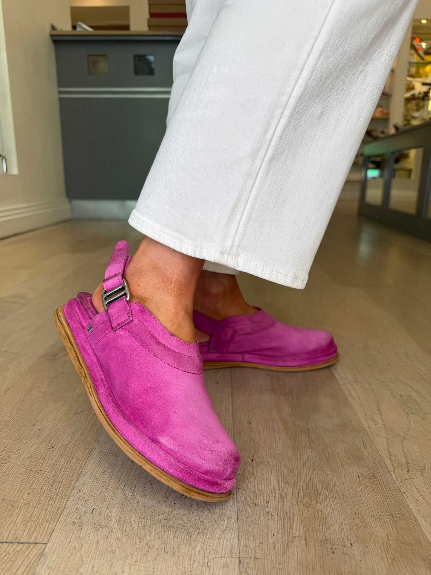 A.S.98 - Hot Pink Mule Skin Clog Mule With Velcro Backstrap
