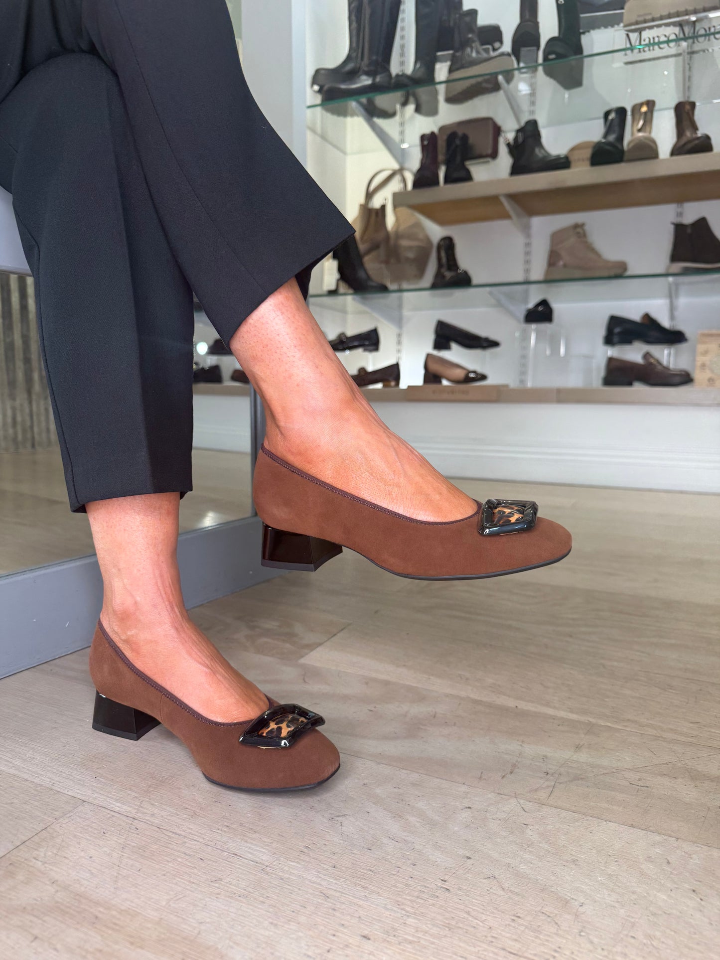 Ara - Chestnut Suede Pomp Style Shoe With Leopard Print Trim