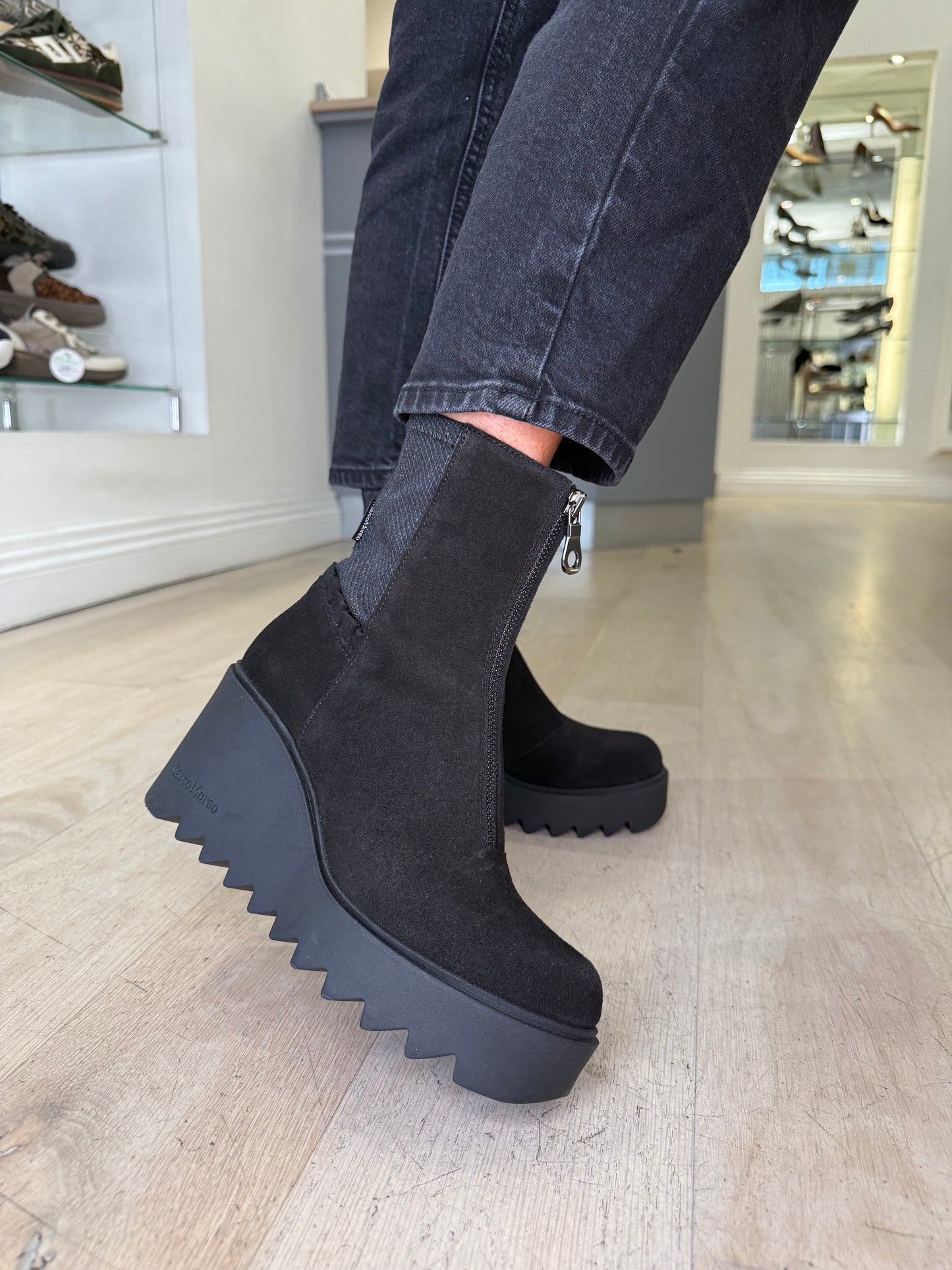 Marco Moreo - Black Suede Chunky Sole Wedge Boot With Frill Detail