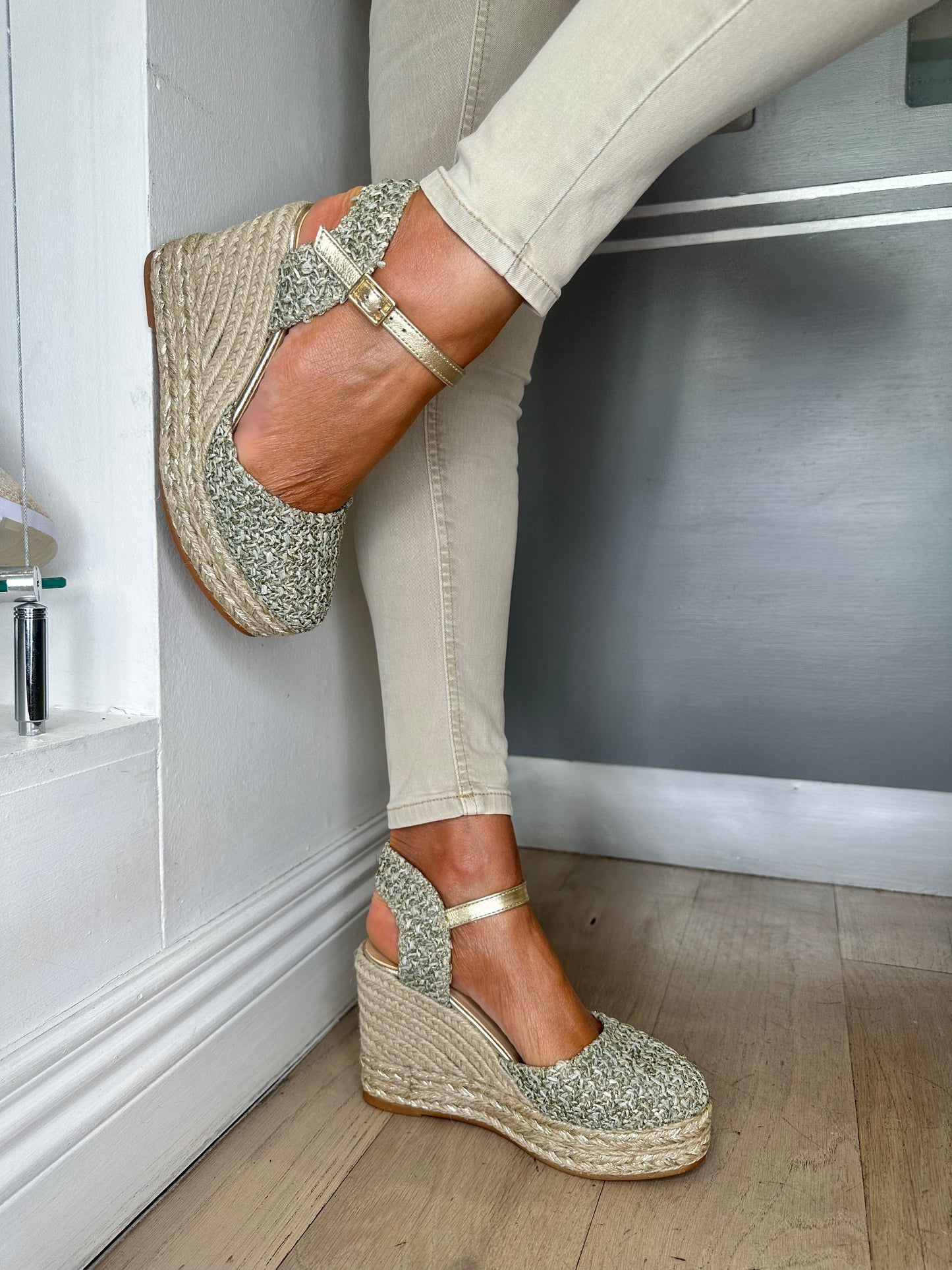 Gaimo - Khaki Tweed Mix Espadrille Wedge With Gold Trim