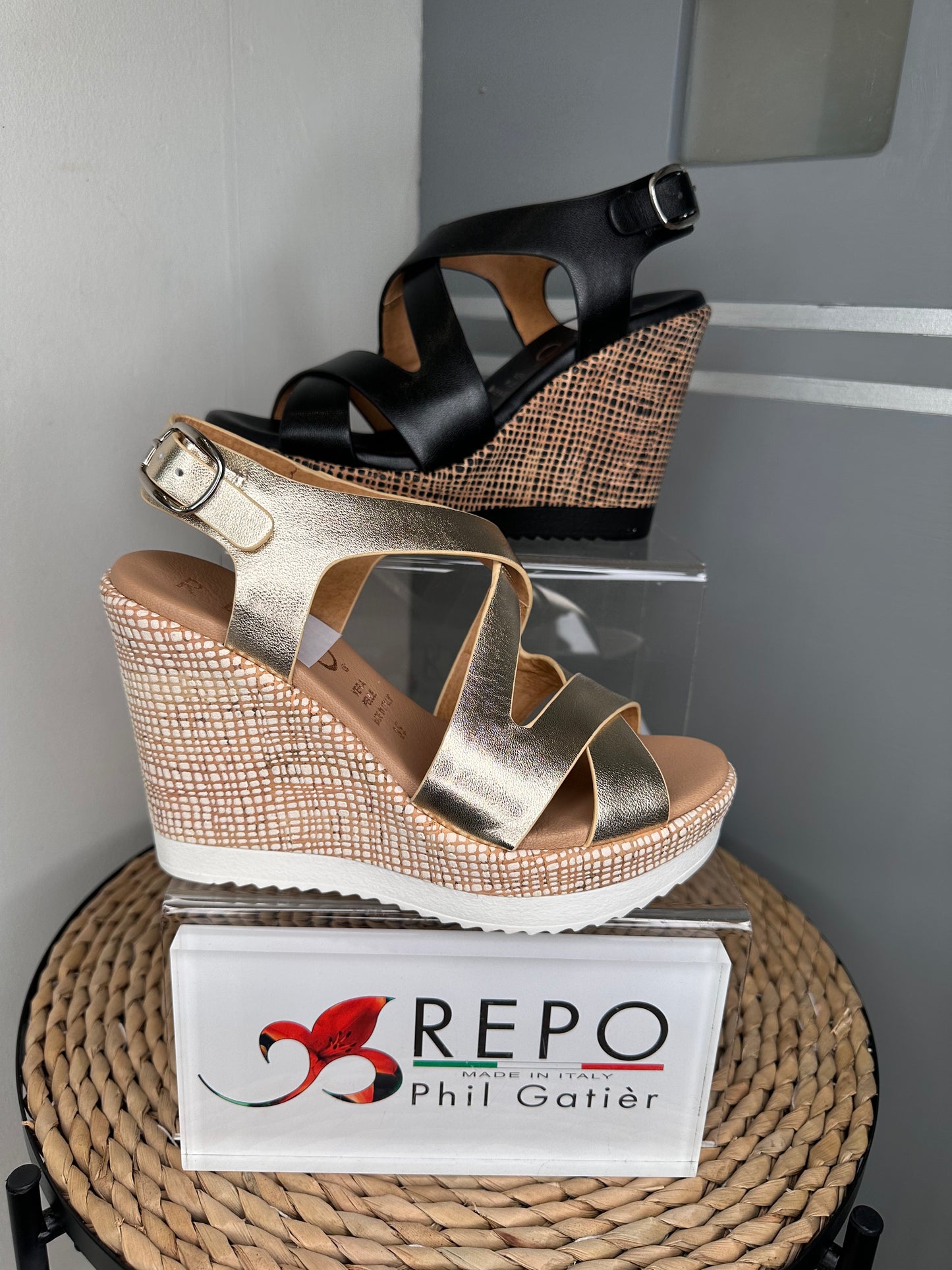 Repo - Black Strappy Wedge Sandal