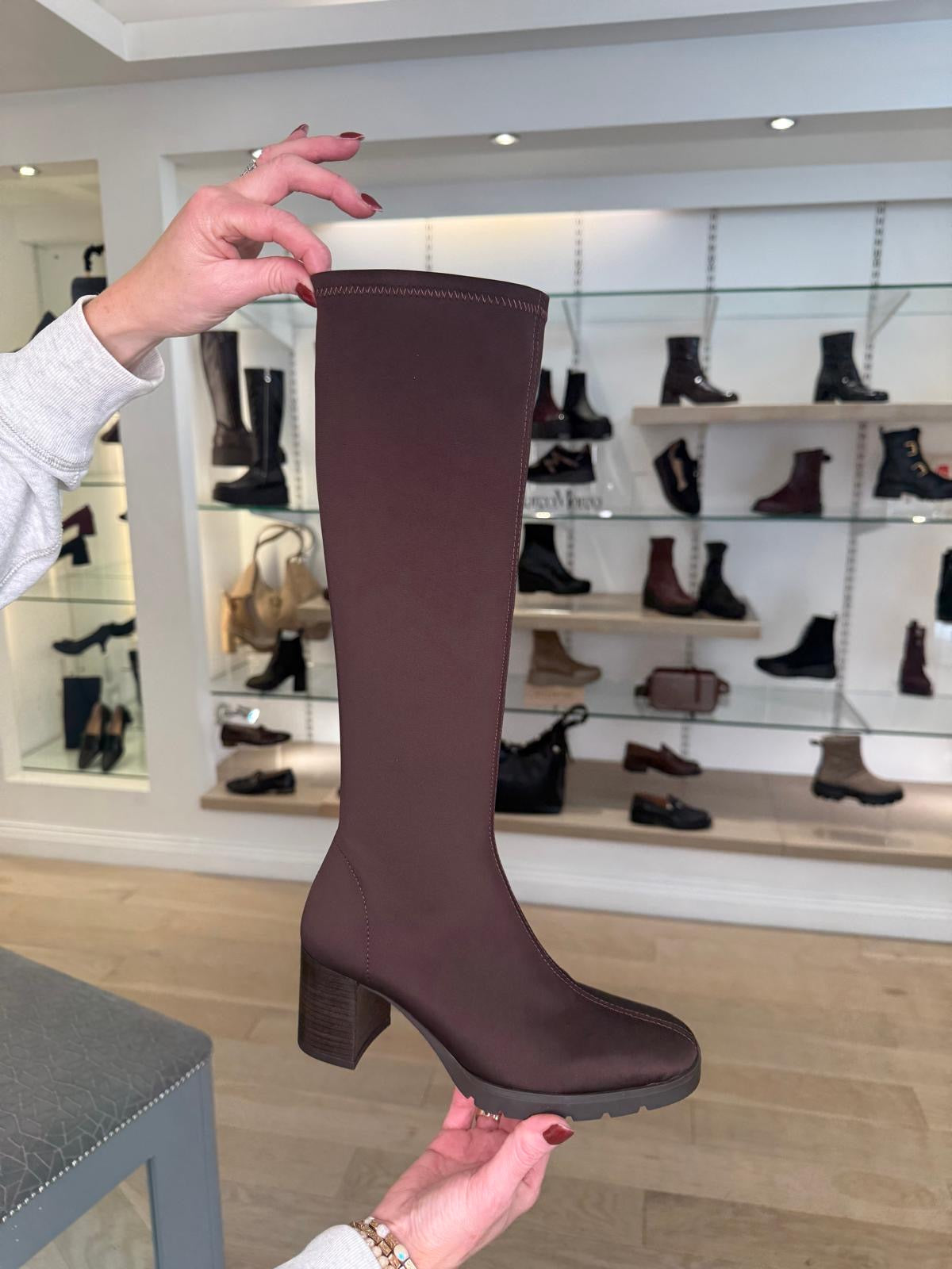 Miss Elastic - Long Pull On Brown Stretch Sock Boot With Block Heel & Platform Sole