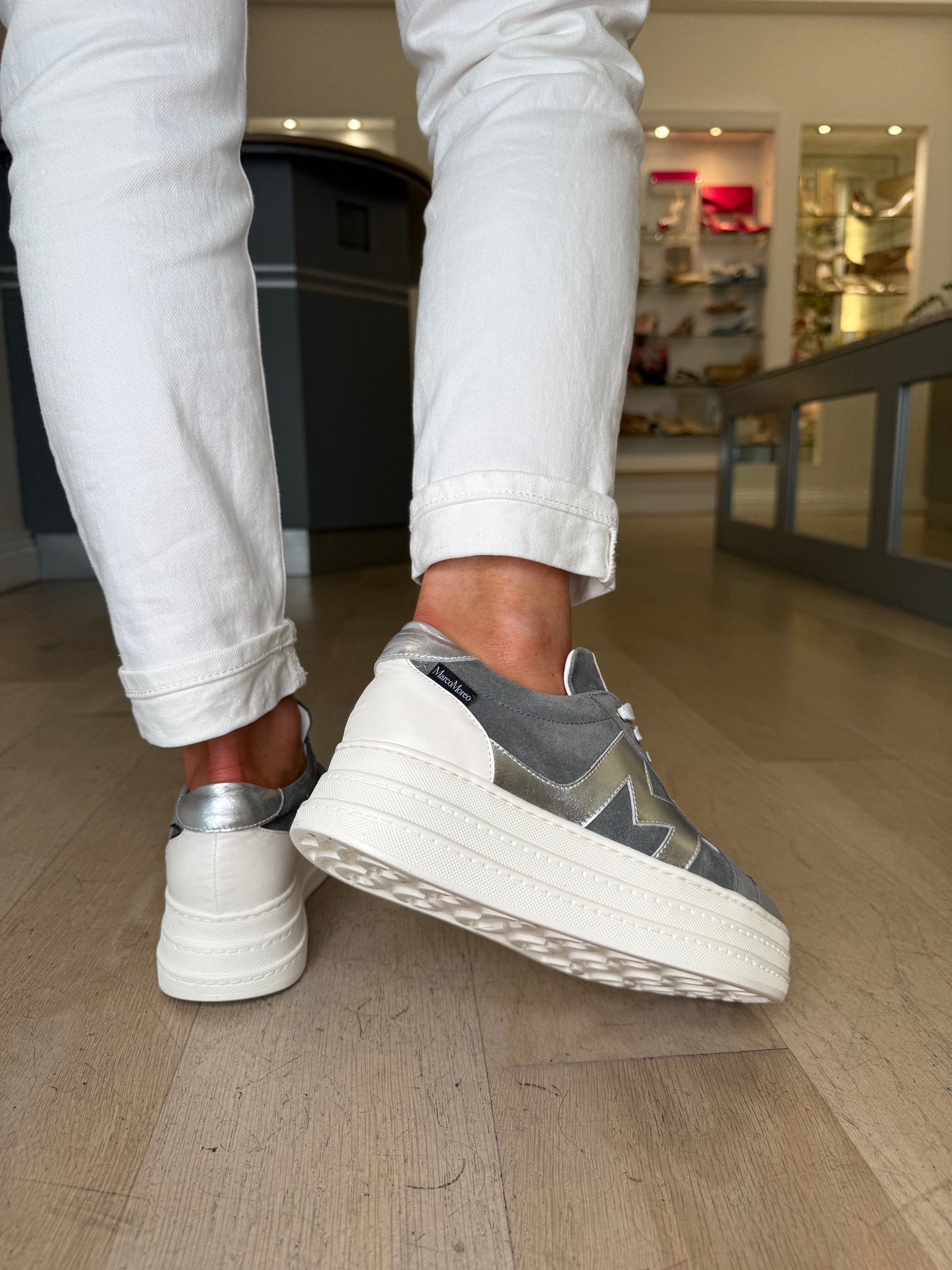 Marco Moreo - Madonna Grey Suede Flatform Sole Trainer With Silver & White Trim