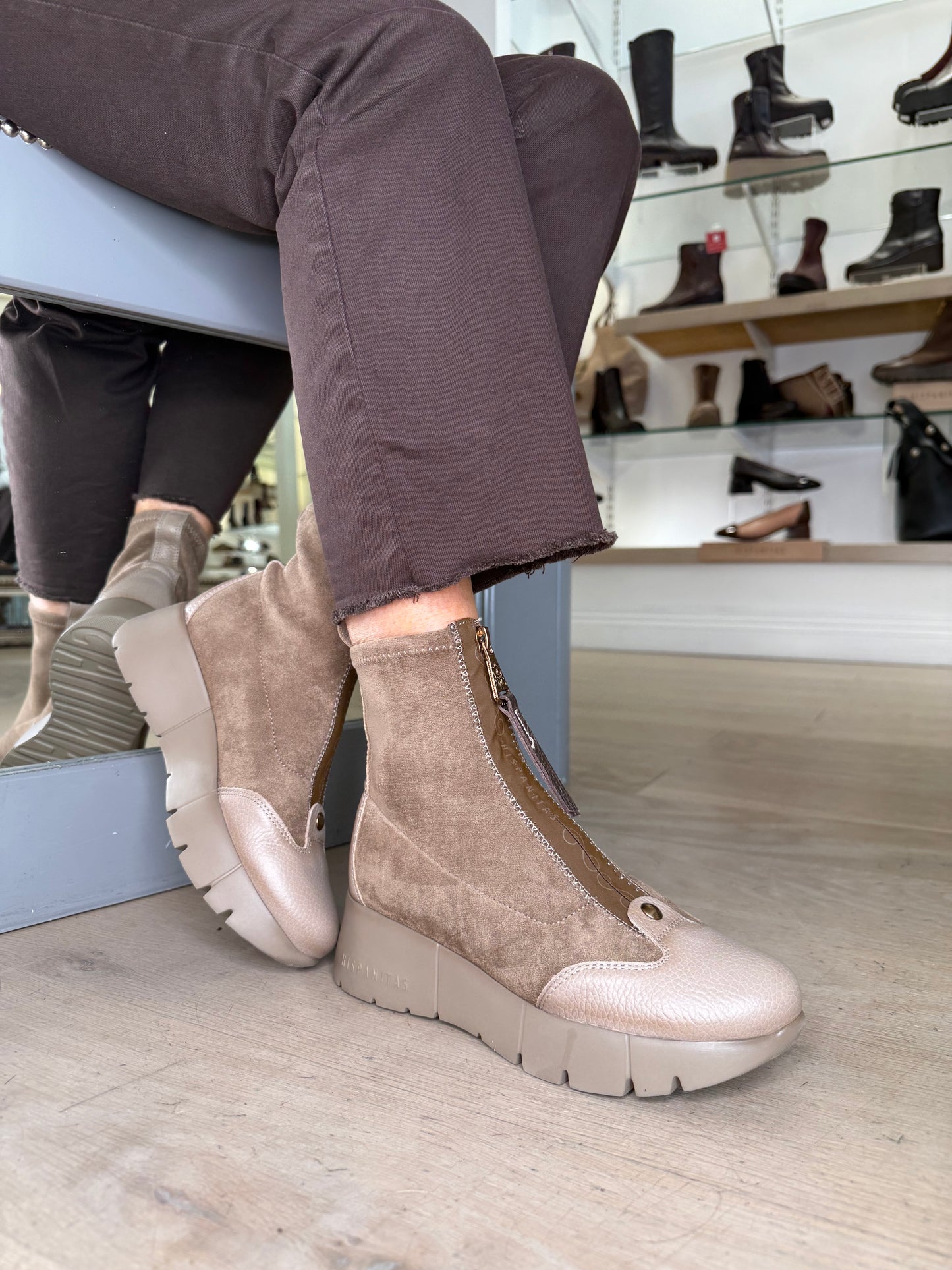 Hispanitas - Taupe Suede & Leather Zip Up Sporty Wedge Boot