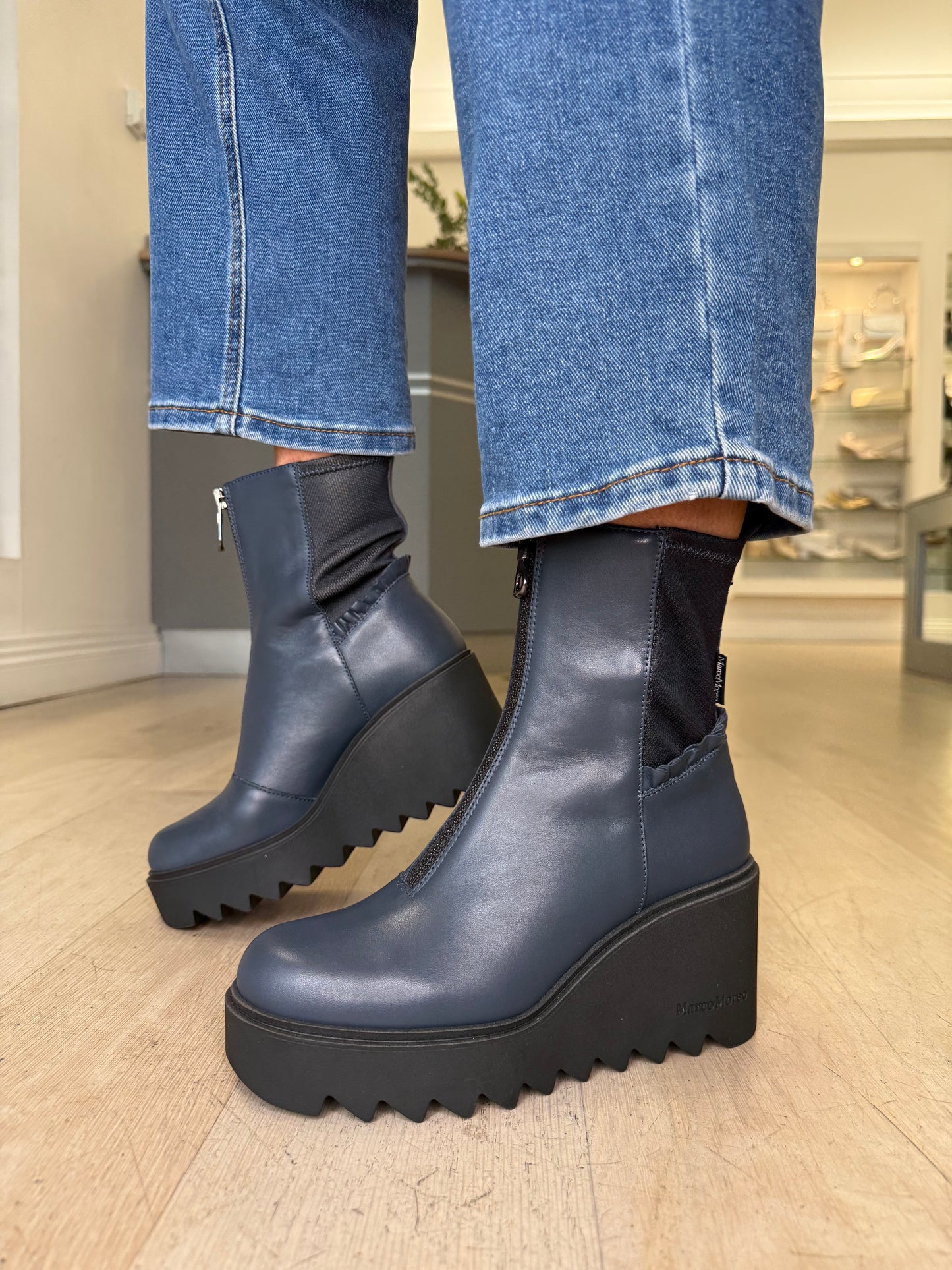 Marco Moreo - Navy Leather Chunky Sole Wedge Boot With Frill Detail