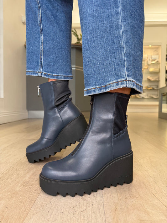 Marco Moreo - Navy Leather Chunky Sole Wedge Boot With Frill Detail