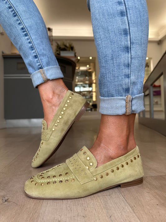 Lodi (Love) Soft Green Suede Loafer With Antique Gold Stud Trim