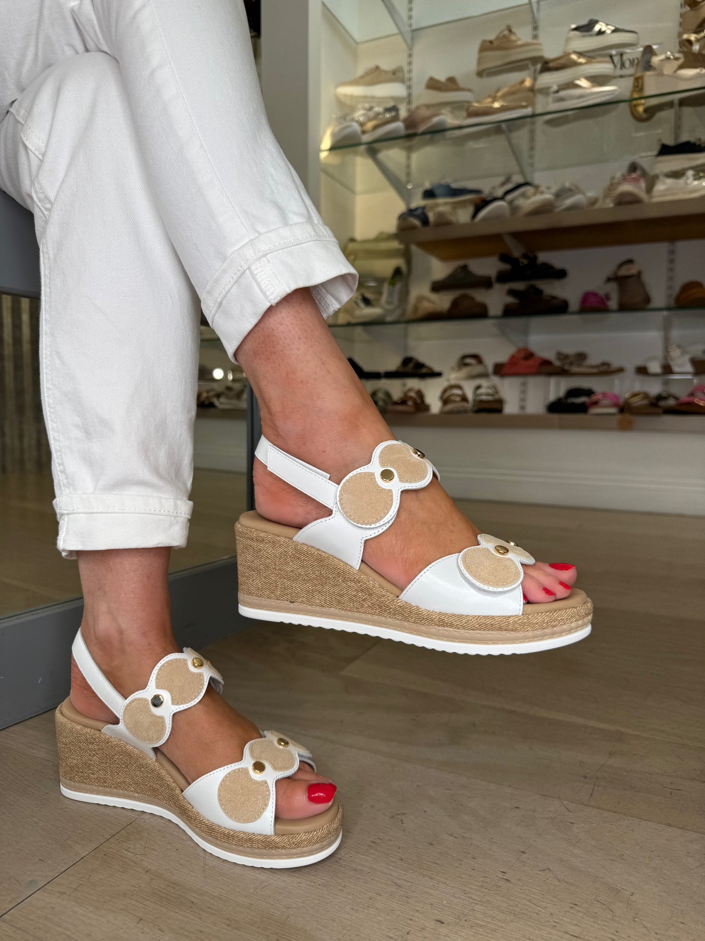 Repo - White Leather 2 Strap Velcro Wedge Sandal With Beige Circle Trim