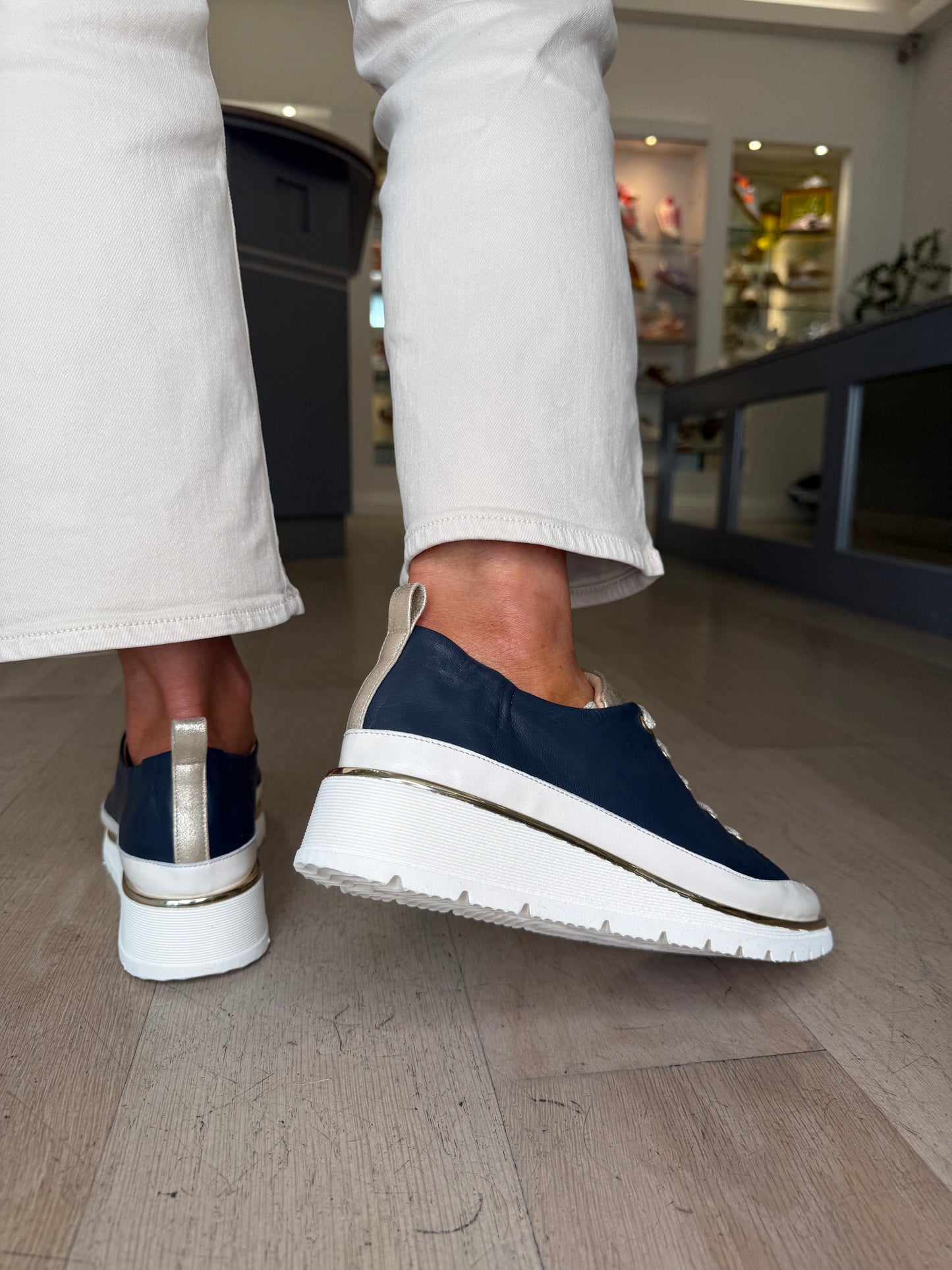 XSA - Navy & Cream Lace Up Wedge Shoe With Gold Trim