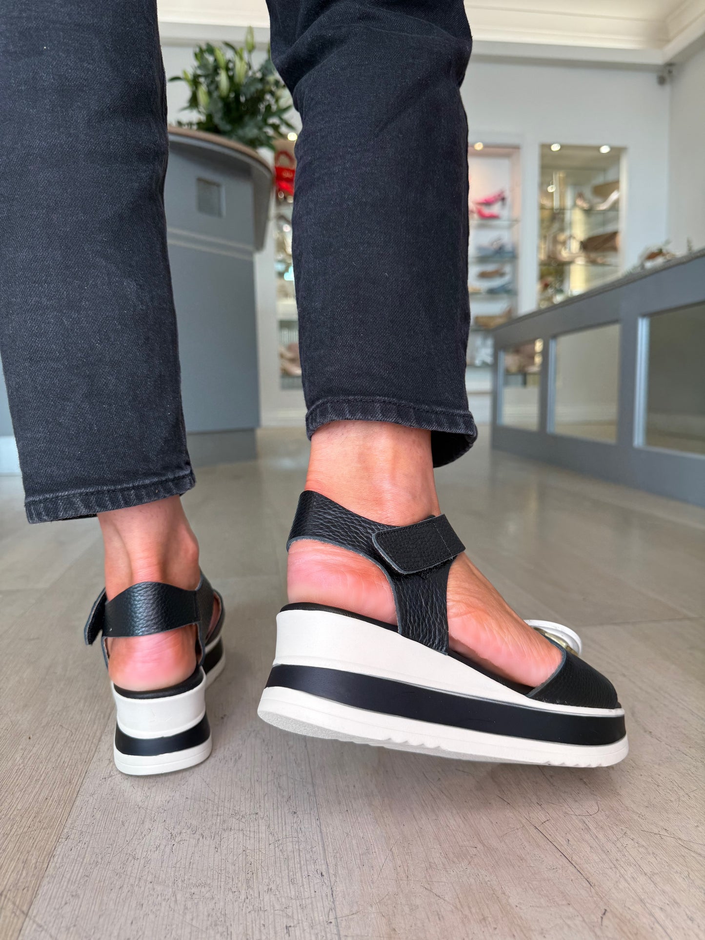 Oh My Sandals - Black & Cream Wedge Sandal With Velcro Strap