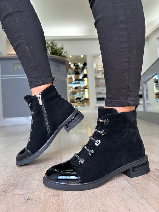 Loretta Vitale - Black Suede & Patent Toe Mix Chelsea Style Boot