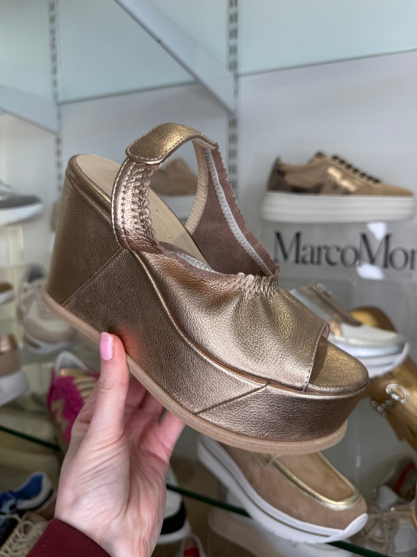 Marco Moreo -Estelle Soft Bronze Metallic High Wedge Sandal With Scalloped Edge Detail