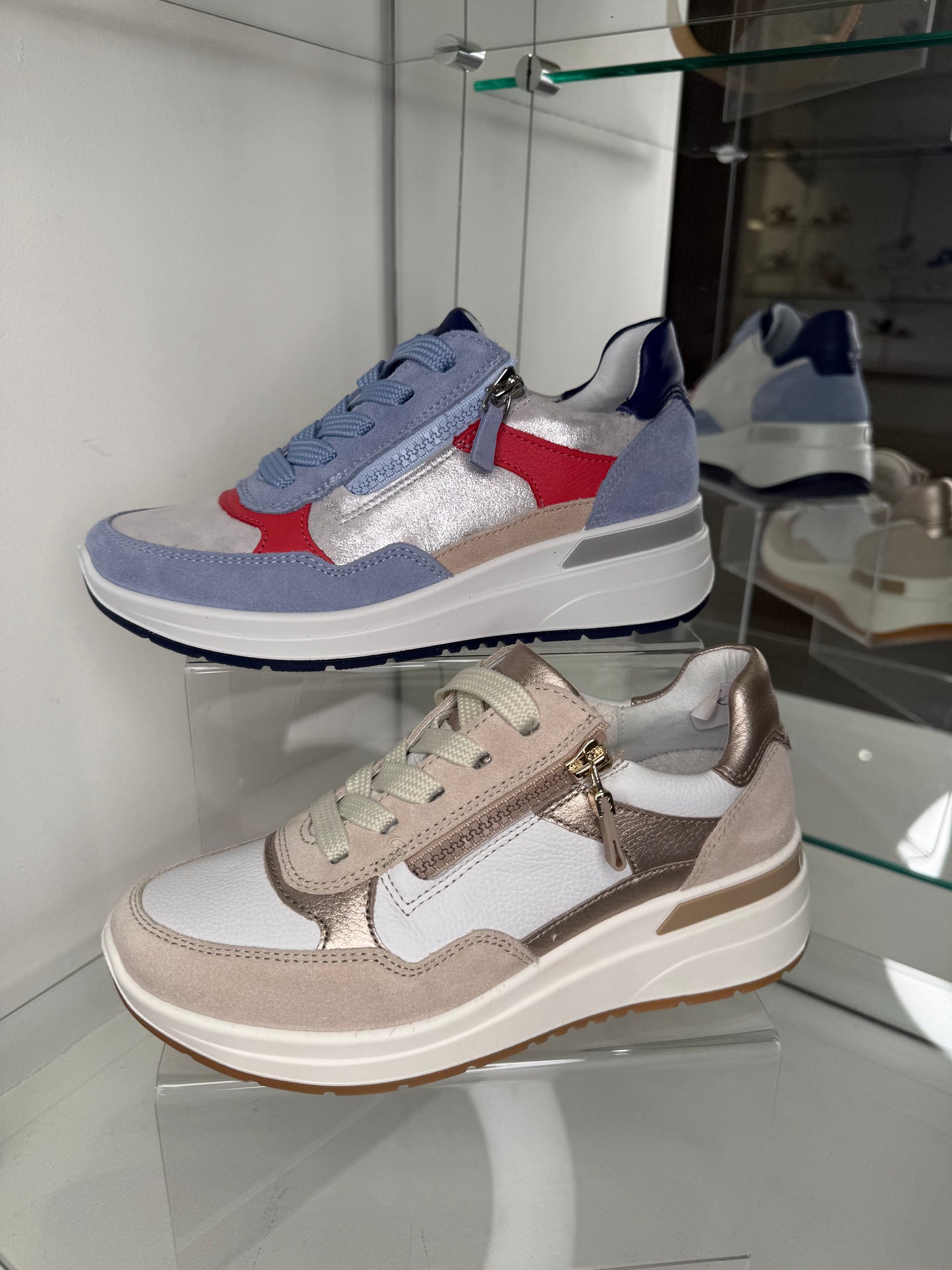 Ara - Blue Suede Trainer With Silver Multi Metallic Trim