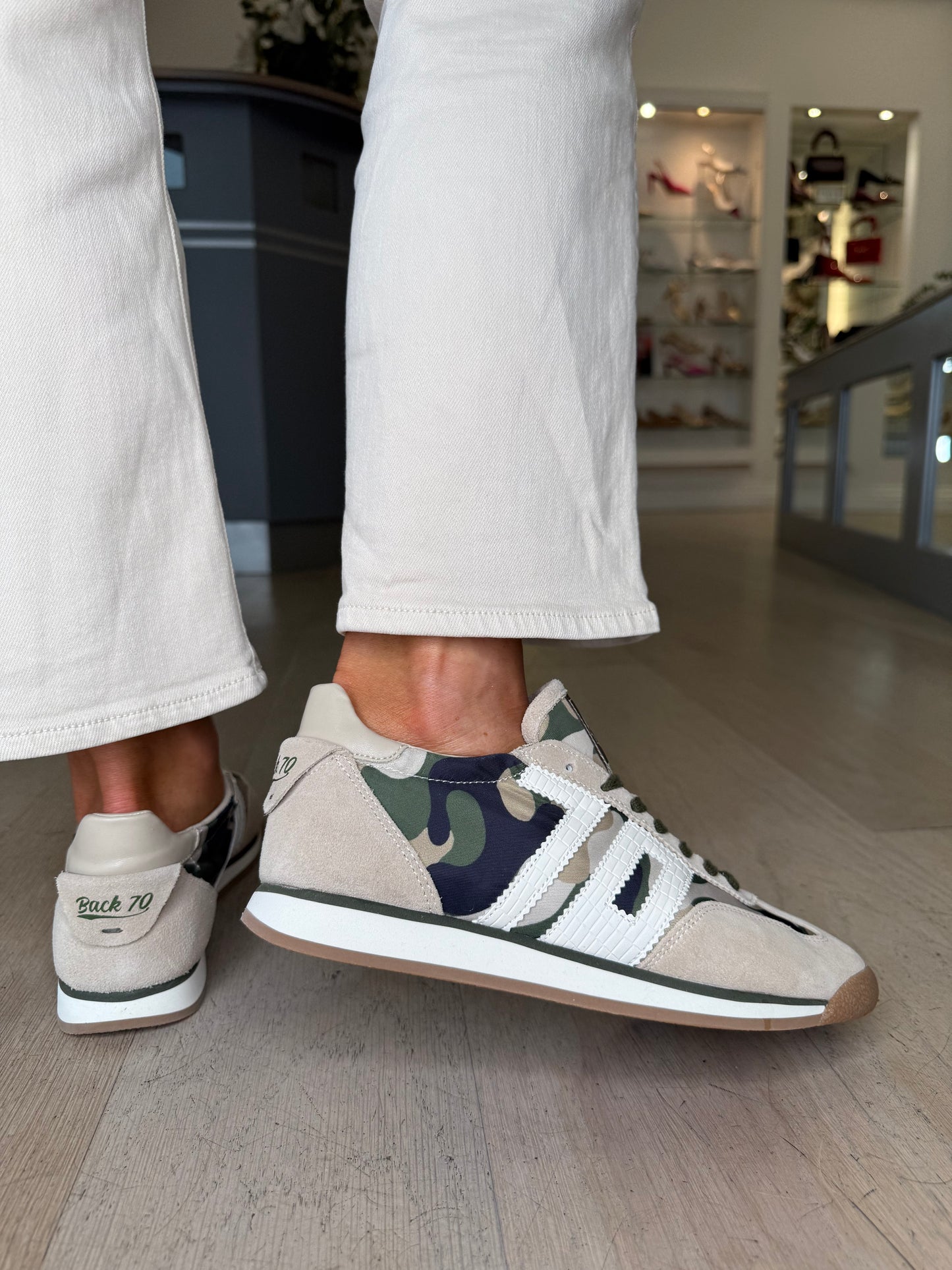 Back 70 -Beige Suede/ Camouflage Trim Trainer