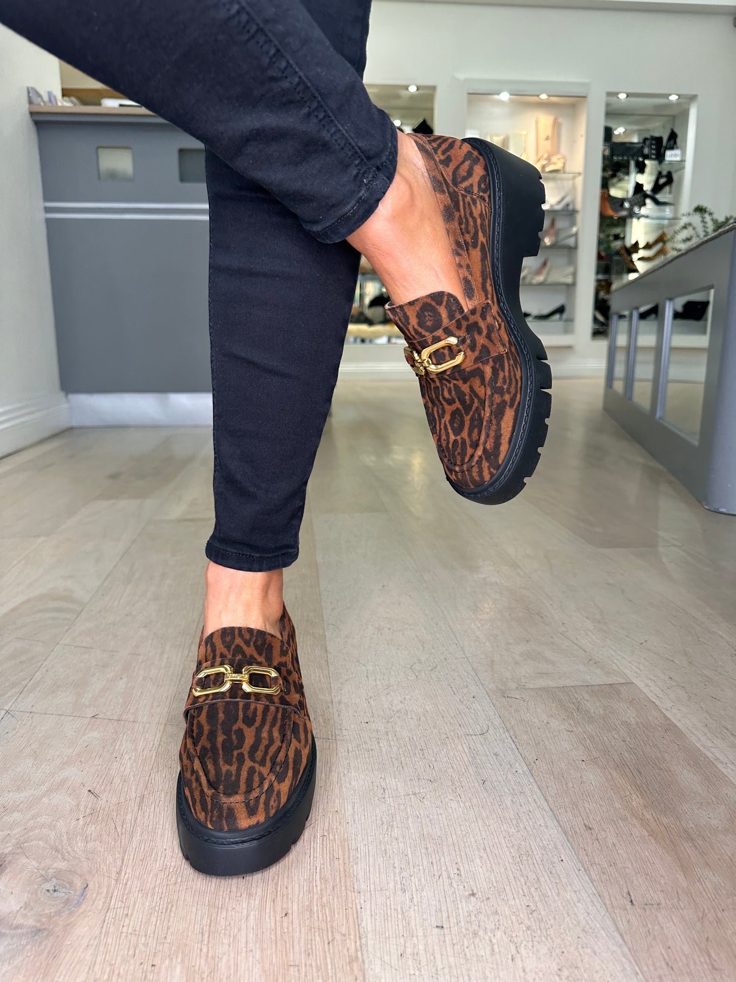 Unisa - Tiger Print Suede Chunky Loafer With Gold Chain Trim