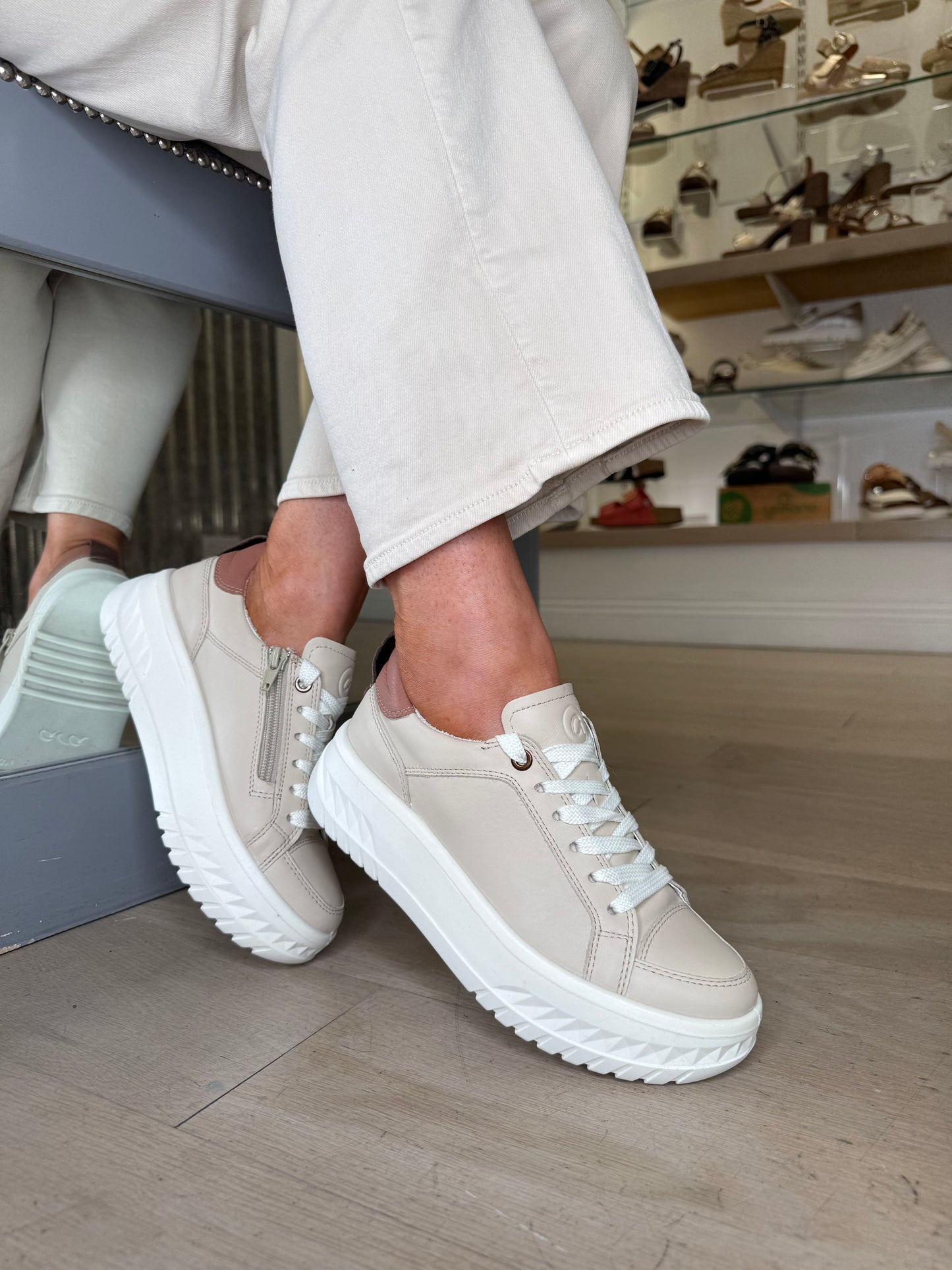 Ara - Taupe Leather Flatform Side Zip Trainer With Soft Brown Trim